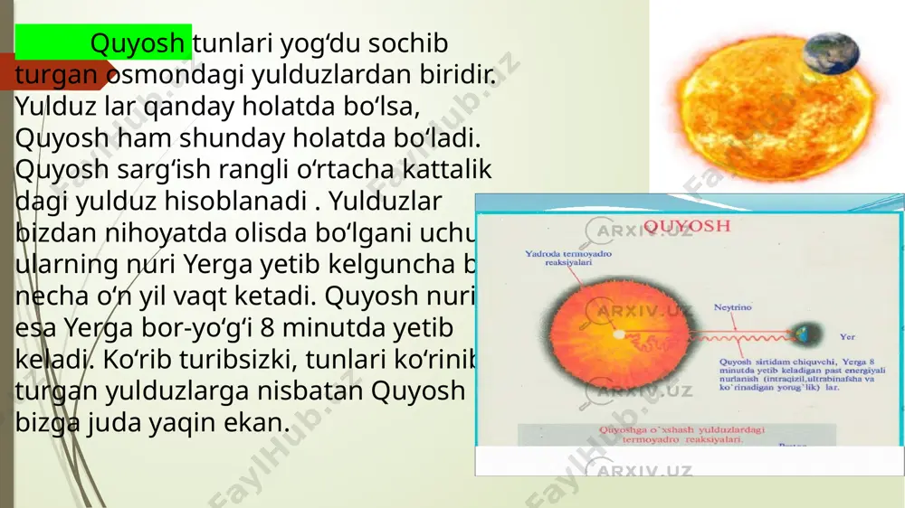 yernikidan 11 marta katta. bu sayyora ulkan bo‘lsa-da, uning sirtida tog‘lar va chuqurliklar yo‘q. chunki uning sirti, asosan, suyuq holatda bo‘lib, deyarli vodorod va geliy gazlari bilan o‘ralgan. yupiter sirti kunduz kuni ham sovuq bo‘lib, harorat −100°c gacha pasayadi. yupiter sayyorasining 67 ta tabiiy yo‘ldoshi bor. saturn ham ulkan sayyora hisoblanadi. u yupiterdan biroz kichikroq. quyosh atrofini bir marta aylanib chiqishi uchun 30 yilga yaqin vaqt ketadi. saturn halqali sayyoradir. uning halqalari turli qattiq jismlar va changlardan iborat. sirti suyuq holatdagi moddalardan tashkil topgan. uni vodorod, geliy, metan kabi gazlar o‘rab turadi. sirtidagi o‘rtacha harorat −180°c atrofi da bo‘ladi. saturn sayyorasining 60 ta tabiiy yo‘ldoshi bor. uran uran sayyorasining diametri yernikidan 3 marta katta. lekin yerdan juda uzoqda bo‘lgani uchun bu sayyorani ko‘rib bo‘lmaydi. bu va undan uzoqdagi neptun sayyorasini faqat maxsus asboblar yordamida ko‘rish mumkin. quyosh atrofi ni 84 yilda bir marta aylanib chiqadi. sayyora sirti muzlagan moddalardan iborat. …