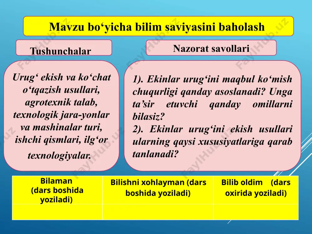 i 2500 daraxt/ga, 3333 daraxt/ga (maxsus texnika) 4 yoki 3x0,5m intensiv bog’ nima? zamonaviy intensiv bog‘lar va ularni parvarishlashda yo‘l qo‘yilgan xato, shakl berishda, juda noxush holatlarga olib keladi. daraxtlar judayam zichlashib ketishi oqibatida mevasini miqdoriga va sifatiga salbiy ta’sir etadi. afzalliklari hosilga erta keradi (3 yildan) gektariga hosildorlik yuqori bo’ladi (80-100 t.) shakl berishning osonligi va boshqarishning qulayligi. yuqori sifatli va bir xil meva olish. qilingan harajatni tezda qoplash imkoniyati mavsumiy ishlarni boshqarish qulayligi. terimning qulayligi noqulayligi boshlang’ich harajatning juda kattaligi (asosan gektariga daraxt sononing ko’pligi). bog’larni boshqarishdagi keskin o’zgarish. daraxtlarga e’tibor qaratish. bog’ni doimiy suv bilan ta’minlab turish. qo’shimcha harajatlar bo’lishi mumkinligi urug‘ ekish qator oralig‘i kengligi va urug‘larni qatorlarda joylashtirishi bo‘yicha ekish usullari: qatorlab qirqma torqatorlab kengqatorlab lentasimon donalab uyalab kvadrat-uyalab qatorsiz sochib ekish. ekish va ko‘chat o‘tqazish usullari. a – qatorlab; b – qirqma; v – torqatorlab; g – keng qatorlab; d – lentasimon; ye – …