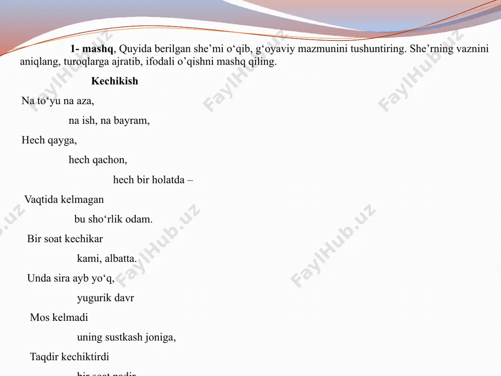 ir she’riy uyni tashkil etadi. uyning ustuni bo‘lganidek, she’riy baytning ham ustuni - ruknlari bo‘ladi. rukn bittadan tortib besh hijogacha bo‘lishi mumkin. she’riy asarni o‘qish jarayonida har bir misradagi ruknlarni bir-biridan ajratish uchun qisqa pauza qilinadi. masalan, atoyining quyidagi baytini ruknlarga ajratib ko‘raylik: ul sanam kim , suv yaqosinda paritek o‘lturur, g‘oyati nozuklukindin suv bila yutsa bo‘lur. ul-sa-nam-kim / suv-ya-qo-sin-da / pa-ri-tek / o‘l-tu-rur, g’o-ya-ti-no / zuk-lu-kin-din / suv-bi-la-yut/ sa-bo‘-lur ruknlar hijolarning miqdori va sifatiga (cho‘ziq-qisqaligiga) qarab sakkiz aslga bo‘linadi va ularning har biri maxsus nom bilan yuritiladi: 1. faulun - uch hijoli rukn: fa-u-lun; 2. foilun - uch hijoli rukn: fo-i-lun;. 3. foilotun - to‘rt hijoli rukn: fo-i-lo-tun; 4. mafoiylun - to‘rt hijoli rukn: ma-fo-iy-lun; 5. maf’ulotu - to‘rt hijoli rukn: maf-u-lo-tu; 6. mustaf’ilun - to‘rt hijoli rukn: mus-taf'-i-lun; 7. mutafoilun - besh hijoli rukn: mu-ta-fo-i-lun; 8. mafoilotun - besh hijoli rukn: ma-fo-i-lo-tun. mana shu sakkiz ruknning turlicha birikishidan …