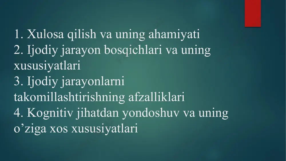 albatta, avvaldan tuzilgan reja asosida, maxsus yaratilgan sharoitda, zarur asbob-uskunalardan foydalangan, kerakli mantiqiy usullarni qo`llagan holda o`tkaziladi. ilmiy induktsiya metodlari o`xshashlik metodi tafovut metodi. yo`ldosh o`zgarishlar metodi. qoldiqlar metodi. analogiya (grek. - moslik, o`xshashlik) bavosita xulosa chiqarishning bir turidir. deduktiv xulosa chiqarishda fikr umumiylikdan xususiylikka qarab, induktsiyada xususiylikdan umumiylikka qarab harakatlansa, analogiyada esa bir xususiy holatdan boshqa xususiy holatga qarab harakatlanadi. 2.ijodiy jarayon bosqichlari va uning xususiyatlari deyarli barcha ajoyib g’oyalar o’xshash ijodiy jarayonni ta’qib qiladi. buni tushunish juda muhimdir, chunki ijodiy fikrlash siz egallashingiz mumkin bo’lgan eng foydali ko’nikmalardan biridir. ishda va hayotda duch keladigan deyarli har qanday muammo innovatsion yechimlar, lateral fikrlash va ijodiy g’oyalardan foydalanishi mumkin. ijodkor bo’lish oson emas. o’zingizning ijodiy dahoingizni ochish uchun jasorat va ko’p sonli amaliyot talab etiladi. biroq, ushbu besh bosqichli yondashuv ijodiy jarayonni aniqlashga yordam berishi va yanada innovatsion fikrlash yo’lini yoritishi kerak. ijodiy jarayonning 5 bosqichi . yangi material to’plang. …