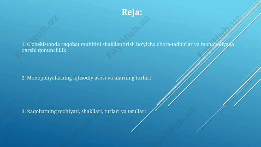 qonunchilik va uni amalga oshirish uchun zarur boʻlgan chora-tadbirlar 1992-yilda "monopol faoliyatni cheklash toʻgʻrisida"gi qonun qabul qilinishi bilan boshlandi. oʻzbekistonda raqobat muhitini shakllantirish boʻyicha 35% dan ortiq bozor ulushiga ega korxonalar davlat reestriga kiritiladi, oziq-ovqat mahsulotlari uchun esa bu ko'rsatkich 20% ni tashkil etadi. raqobatni rivojlantirish va iste'molchilar manfaatlarini himoya qilish agentligi, monopoliyaga qarshi kurashish qoʻmitasi kabi tashkilotlar faoliyati raqobatni mustahkamlashda muhim rol oʻynaydi. raqobat va monopoliyaning iqtisodiyotdagi oʻrni monopoliya esa, aksincha, resurslarni noto'g'ri taqsimlanishiga, narxlarning sun'iy ravishda 15-25% ga oshishiga va iste'molchilar huquqlarining cheklanishiga olib kelishi bilan salbiy ta'sir ko'rsatadi. o'zbekistonda raqobat muhitini shakllantirish bo'yicha chora-tadbirlar va monopoliyaga qarshi qonunchilik 5-10 yil ichida iqtisodiyotga sezilarli ta'sir ko'rsatgan, shu bilan birga, hali ham rivojlantirishni talab qiluvchi jarayon hisoblanadi. raqobat bozor mexanizmining samaradorligini 20-30% ga oshirishi, narxlarni barqarorlashtirishi va iste'molchilar uchun tanlov imkoniyatlarini kengaytirishi bilan iqtisodiyotning umumiy o'sish sur'atlariga sezilarli ta'sir ko'rsatadi. raqobat va monopoliyaning ijtimoiy-iqtisodiy oqibatlari erkin raqobat sharoitida 20 …