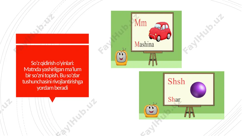 ajratish: bolalarga bir nechta so‘z berib, ular nima anglatishini so‘rash va gapdagi o‘rnini tushuntirish orqali so‘z tushunchasini mustahkamlash. • shaxsiy izohlar: o‘quvchilardan o‘zlariga yoqadigan so‘zlarni tanlash va ularni tasvirlashni so‘rash. bu usul so‘zning shaxsiy va hissiy qimmatini anglashga yordam beradi so’zlar orqali gap tuzish so’zlar ona , bola , kitob maktab , uy , mushuk dala , lola sayohat, toshkent , uqituvchi o’quvchi, shahar , maktab bo‘g‘inni tushuntirish bo‘g‘in — so‘zning talaffuz jarayonida bir nafasda aytiladigan qismi. • clapping (qarsak) usuli: so‘zlarni bo‘g‘inlarga bo‘lib aytib, har bir bo‘g‘inni aytishda qarsak chalish orqali tushuntirish. masalan, “qu-sh” (ikkita qarsak). • bo‘g‘in sonini aniqlash: o‘quvchilarga ma’lum bir so‘z berib, ularning bo‘g‘in sonini aniqlashni so‘rash. masalan, “olma” so‘zida ikki bo‘g‘in borligini tushuntirish. • bo‘g‘inlar bilan rasm yasash: har bir bo‘g‘inni turli rangda yozish yoki tasvirlash orqali bolalar bo‘g‘inlar o‘rtasidagi farqni yaxshi tushunadilar. so’zlar shaf to li ol ma sa yo xat so‘zlarni bo‘g‘inlarga bo‘lib …