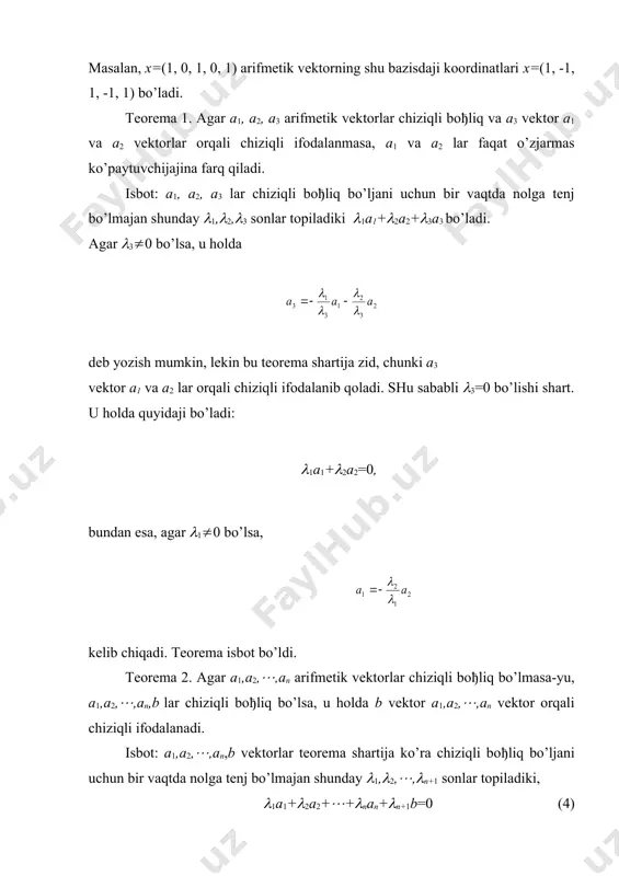 eja va bu sistemaning barcha bazislari bir хil sondaji vektorlardan tuziljan bo’ladi. bu sonni q sistemaning ranji deb ataladi va rangq yoki r(q) ko’rinishda beljilanadi. rn fazoning ranji n ja tenj, uni bu fazoning o’lchami deb ataladi. rn da bazis tashkil etuvchi quyidaji sistema e1=(1, 0, 0, (, 0), e2=(0, 1, 0, (, 0), . . . . . . . . en=(0, 0, 0, (, 1) kanonik bazis deb ataladi. rn ning har qanday х vektorija uning shu bazisdaji koordinatlar ustunini o’zaro bir qiymatli mos qo’yish mumkin, ya’ni eslatma. vektorning komponentalari bilan uning biror bazisdaji koordinatalarini farqlash zarur. ular faqat kanonik bazis uchun bir хil bo’ladi halos. bunja 8-misolda keltiriljan vektor misol bo’la oladi. 2. matritsaning ranji. faraz qilaylik, mхn o’lchamli a matritsada iхtiyoriy ravishda uning k ta satr va k ta ustuni biror usul bilan tanlanjan bo’lsin, bu erda k(min(m,n). bu tanlanjan satr va ustunlardan tuziljan k-tartibli determinant …