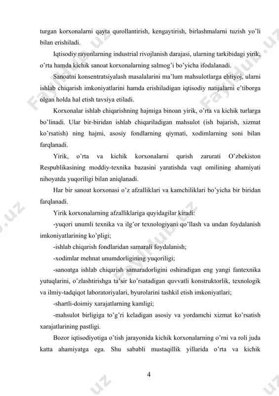 iga alohida e’tibor berildi. natijada ularning yalpi ichki mahsulotdagi ulushi 50 foizdan oshmoqda. yirik, o’rtacha va kichik korxonalar oqilona rivojlantirilgandagina ijtimoiy ishlab chiqarishning yuqori samaradorligiga erishish mumkin. bu vazifani hal etish ishlab chiqarishni konsentrsiyalashtirishga bevosita bog’liqdir. buning uchun korxonalarning optimal yirikligini aniqlash kerak bo’ladi. optimal yiriklikdagi korxonalar deb, texnika taraqqiyotining hozirgi davrida mahsulot ishlab chiqarilishi va uni iste’molchilarga yetkazilishining minimal darajadagi ijtimoiy mehnat xarajatlari evaziga ta’minlaydigan korxonalarga aytiladi. optimal yiriklikdagi korxonalar o’zaro bog’langan yirik, o’rtacha va kichik ishlab chiqarishlarni o’z ichiga olib, agar ularning har biri oqilona ixtisoslashgan bo’lsa, yirik korxonalarning barcha afzalliklarini o’zida saqlab qoladi. demak, kelajakda o’zbekistonda madaniy-lashgan, to’laqonli, bozor iqtisodiyotini yaratish, iqtisodiyotning barcha sohalarida xususiy mulk miqyoslarini kengaytirish jarayoni yirik va o’rta korxonalarni oqilona uyg’unlashtirishni taqozo etadi. 3. ixtisoslashtirish, uning shakllari va ko’rsatkichlari ijtimoiy ishlab chiqarish samaradorligini oshirishda uni ratsional tashkil etish, jumladan, ixtisoslashtirish muhim ahamiyatga ega. ishlab chiqarishni ixtisoslashtirish (frans. – specialisatian, lotincha specialis – ayrim, …