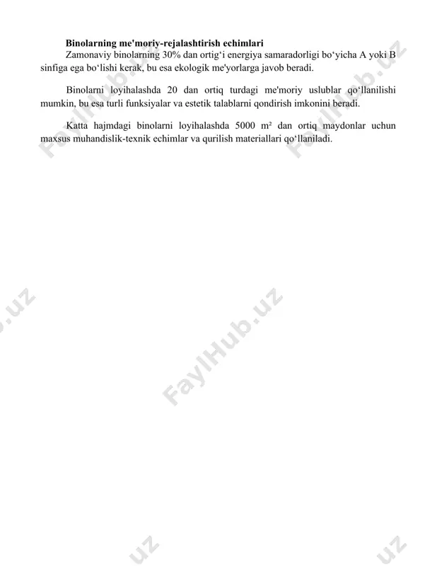 aviy binolarning 30% dan ortig‘i energiya samaradorligi bo‘yicha a yoki b sinfiga ega bo‘lishi kerak, bu esa ekologik me'yorlarga javob beradi. binolarni loyihalashda 20 dan ortiq turdagi me'moriy uslublar qo‘llanilishi mumkin, bu esa turli funksiyalar va estetik talablarni qondirish imkonini beradi. katta hajmdagi binolarni loyihalashda 5000 m² dan ortiq maydonlar uchun maxsus muhandislik-texnik echimlar va qurilish materiallari qo‘llaniladi. 📌xulosa бинолар ва иншоотлар ҳақидаги тушунчалар, фуқаролик биноларига бўлган талаблар ва уларнинг классификациясини ўрганиш натижасида, биноларнинг лойиҳалаш ва қурилишида стандартларга риоя қилиш ва функционал талабларга жавоб бериши муҳимлиги аниқланди. 📚foydalanilgan adabiyotlar 1. бино ва иншоотлар ҳақидаги тушунчалар. фуқаролик иншоотларига бўлган талаблар ва классификацияси. ўзбекистон республикаси давлат стандартлари тўплами. 2. фуқаролик иншоотлари лойиҳалаш ва қуриш бўйича йўриқнома. ўзбекистон республикаси қурилиш вазирлиги. 3. бино ва иншоотларнинг архитектура ва қурилиш нормалари ва қоидалари