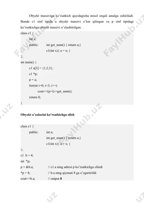 oson. ssilkani 3 hil usul bilan ishlatish mumkin: · funksiya parametri · funksiyaning qaytarish qiymati · alohida ssilka ssilka – funksiya parametr sifatida ko’rsatkich(pointer) ssilka(reference) void neg(int *i) { *i = -*i; } x = 10; neg(&x); cout<<x; void neg(int &i) { i = -i; } x = 10; neg(x); cout<<x; ssilka ishlatilganda hech qanday ortiqcha belgilar qo’yilmaydi, faqatgina e’lon qilinganda & operatori qo’yiladi. pointerda esa * operator qo’yiladi. ssilka ham ko’rsatkich ham adresdagi qiymatni o’zgartiradi. faqatgina ssilka bilan ishlash osonroq. quyidagi misolda reference orqali ikkita o’zgaruvchining o’rnini almashtirish daturi keltirilgan void swap(int &i, int &j) { int t; t = i; // * operatori endi kerak bo’lmaydi i = j; j = t; } int a = 4, b = 19; swap(a, b); // a = 19, b = 4 ssilka – funksiyaning qaytarish qiymati char s[] = "hello world"; char &replace(int pos) { // funksiya s[pos] da joylashgan …
