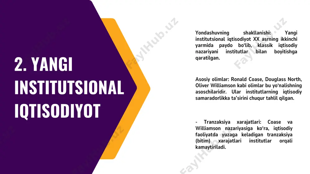iri haqida fundamental nazariya. 2. ronald h. coase – the problem of social cos (1960) – tranzaksiya xarajatlari va mulk huquqlari nazariyasining asosiy manbasi. 3. oliver e. williamson – the economic institutions of capitalism (1985) – tashkilotlar ichidagi iqtisodiy munosabatlar va institutsional tahlil. 4. daron acemoglu & james a. robinson – why nations fail: the origins of power, prosperity, and poverty (2012) – taraqqiyot va institutlar o‘rtasidagi bog‘liqlikni zamonaviy misollar bilan yoritadi. 5. dani rodrik – one economics, many recipes: globalization, institutions, and economic growth (2007) – rivojlanayotgan mamlakatlar uchun institutsional yondashuvlar va siyosiy strategiyalar. 7. foydalanilgan adabiyotlar etiboringiz uchun raxmat