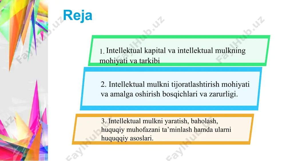 ot va xizmatlarni turli bozor segmentlariga moslashtirish. 6. intellektual mulkni boshqarish va himoya qilish intellektual mulk huquqlarining buzilishiga qarshi kurashish. raqobatchilar tomonidan intellektual mulkni noqonuniy ishlatilishining oldini olish. intellektual mulkni baholash intellektual mulk moddiy bo‘lmagan aktiv bo‘lgani sababli, uning qiymatini aniqlash muhim ahamiyatga ega. asosiy baholash usullari xarajatlar yondashuvi bozor yondashuvi daromad yondashuvi asosiy baholash usullari: xarajat yondashuvi – intellektual mulkni yaratish uchun sarflangan xarajatlarni hisoblash. bozor yondashuvi – o‘xshash intellektual mulkning bozordagi narxlari bilan solishtirish. daromad yondashuvi – intellektual mulk yordamida kelajakda olinishi mumkin bo‘lgan daromadlarni hisoblash. intellektual mulkning to‘g‘ri baholanishi uni litsenziyalash, sotish yoki investitsiyalar jalb qilishda muhim rol o‘ynaydi. 4. intellektual mulkning huquqiy asoslari intellektual mulk xalqaro va milliy qonunlar bilan tartibga solinadi. xalqaro huquqiy asoslar: parij konvensiyasi (1883) – sanoat mulkini xalqaro himoya qilish. bern konvensiyasi (1886) – mualliflik huquqlarini xalqaro himoya qilish. trips bitimi (1994) – jahon savdo tashkiloti doirasida intellektual mulk himoyasi. vipo (world …
