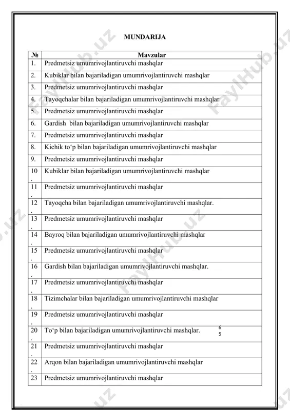 dolari ostida yurish: oyoq uchida yurish, tovonda yurish, ilon izi bo‘lib yurish, yurishdan asta-sekin yugirishga o‘tish, yana yurishga o‘tish. bolalarni ikki guruhga bo‘lib turgazish. ii.asosiy qism umumrivojlantiruvchi mashqlar. 1. d.x.: oyoqni oyoq yuzi kengligida ochib paralel qo‘yish, qo‘llar belda. 1-qo‘llarni yon tomonga uzatish, 2-qo‘llarni yuqoriga ko‘tarib, oyoqk uchida ko‘tarilish; 3-qo‘llarni yon tomonga tushirish; 4-dastlabki xolatga qaytish (7-8 marta). 2. d.x.: oyoqlar elka kengligida, qo‘llar bosh orqasida. 1-gavdani o‘ngga burib, qo‘llarni yon tomonga ko‘tarish; 2- dastlabki xolatga qaytish. xuddi shuning o‘zi chap tomonga burilib bajariladi (8 marta). 3. d.x.: oyoqlar elka kengligida, qo‘llar yonda. 1- qo‘llarni yon tomonga uzatish, 2-o‘ng (chap) oyoqqa tomon engashish, qo‘l barmoqlarini oyoqlarning uchiga tekkizish; 3-rostlanib qo‘llarni yon tomon uzatish; 4-dastlabki xolatga qaytish (6-8 marta). 4. d.x.: asosiy tik turish, qo‘llar belda. 1-2 cho‘qqayib, qo‘llarni oldinga uzatish; 3-4 dastlabki xolatga qaytish (6-8 marta). 5. d.x.: asosiy tik turish, qo‘llar yonda. 1-o‘ng oyoqni yonga qo‘yib, qo‘llarni yon tomonga …