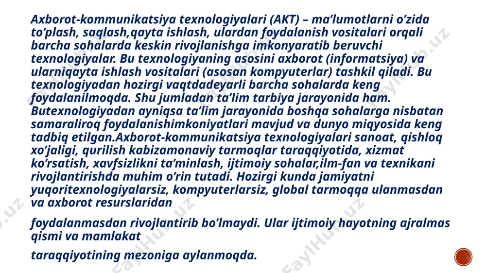 ligi oshirilmoqda. savol va topshiriqlar ❓❓❓ axborot tizimlari nima? komunikatsiya texnologiyalari haqida gapiring ? texnalogiyalarining vositalari axborot nima? foydalanilgan adabiyotlar 1. m.aripov, m.muhammadiyev. informatika, informasion texnologiyalar. darslik. t.: tdyui, 2004 y. 2. s.s.gʻulomov va boshqalar. axbotor tizimlari va texnologiyalari. darslik. toshkent, “sharq”, 2000 y. 3. m.mamarajabov, s.tursunov. kompyuter grafikasi va web-dizayn. darslik. t.: “cho‘lpon”, 2013 y. 4. u.yuldashev, m.mamarajabov, s.tursunov. pedagogik web-dizayn. o‘quv qo‘llanma. t.: “voris”, 2013 y. 5. m.aripov, m.fayziyeva, s.dottayev. web texnologiyalar. o‘quv qo‘llanma. t.: “faylasuflar jamiyati”, 2013 y. 6. b.moʻminov. informatika. o‘quv qo‘llanma. t.: “tafakkur-boʻstoni”, 2014 y. image5.jpeg image6.jpeg image7.jpeg image8.jpeg image9.jpeg image10.jpeg image11.jpeg image12.jpeg image2.png image3.png