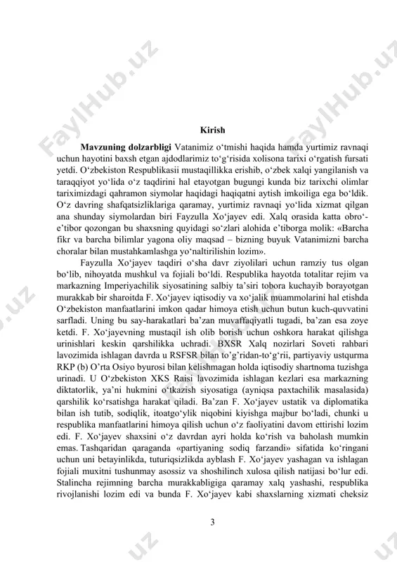 ni sinfiy asosda tanlash, paxtachilikda о‘z hukmini о‘tkazish, xususiy mulkni zо‘rlik bilan musodara etish siyosatiga, 1925-1929 yillarda olib borilgan yer-suv islohoti uslublariga qarshi chiqib, norozilik bildirgan respublikadagi 18 kishidan iborat mas’ul xodimlarning chiqishlarida f. xо‘jayev ham ishtirok etib, qо‘llab-quvvatlagani bugungi kunda ma’lum bо‘ld. mavzuning maqsad va vazifasi bxsr ning nozirlar kengashi raisi bo’lgan yetuk arbob fayzulla xo’jayevning ozodlik uchun olib borgan harakatlarini o’rganish va tahlil etish. bugungi kunda fayzulla xo’jayevning olib borgan ishlari, buxoroda amirlik siyosatini tugatib respublika tashkil qilish siyosati, marifatparvar jadidlarning imtiyozlarini oshirish kabi qilgan ishlarini hozirda saqlanib kelayotgan arxiv hujjatlaridan, shu davrga oid asarlardan to’g’ri yondoshilgan holda o’rganishdir. mavzuning ob’ekti va predmeti fayzulla xo’jayevga aloqador bo’lgan hujjatlarni o’rganish va ulardan to’g’ri xulosa chiqarishdir. zero, birinchi prezidentimiz i. a. karimovning “tarixga murojaat qilar ekanmiz, u xalq xotirasi ekanligini nazarda tutishimiz kerak. xotirasiz barkamol kishi bo`lmaganidek, o`z tarixini bilmagan xalqning kelajagi ham bo`lmaydi”[footnoteref:1] degan fikrlari davlatchilik masalalari bilan bevosita …