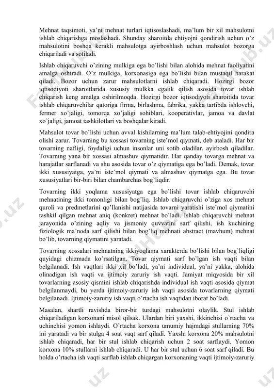 qaradi. u har bir stul uchun 6 soat sarf qiladi. bu holda o’rtacha ish vaqti sarflab ishlab chiqargan korxonaning vaqti ijtimoiy-zaruriy ish vaqti sifatida olinadi. chunki stullarning asosiy qismini shu korxona yaratib bermoqda. tovar ishlab chiqarish bo’lgan joyda pul bo’lishi lozim. pul uzoq tarixiy rivojlanish natijasida paydo bo’lgan. dastlab tovarlar pulsiz bir-biriga bevosita ayirboshlangan. bu ayirboshlash dastlab tasodifiy bo’lgan. oddiy yoki tasodifiy ayirboshlashda bir tovarning qiymati boshqa tovar qiymati bilan tenglashtirilgan va o’zaro ayirbosh qilingan. tovar ayirboshlash rivojlanishi bilan tasodifiy qiymat shaklidan to’la yoki kengaygan shaklga o’tilgan, bunday ayirboshlashda ko’p tovarlar qatnashadi. ishlab chiqarishning rivojlanishi bilan ayirboshlanadigan mahsulotlar soni ham ortib boradi, binobarin, ayirboshlashda qiyinchilik ham ko’payadi. asta-sekin tovarlar orasidagi hamma tovarlarga ayirboshlanadigan maxsus tovar ajralib chiqadi va u pul vazifasini bajarib beradi. tovar ishlab chiqarishning uzoq vaqt rivojlanishi natijasida pul vujudga keladi. pul – bu shunday maxsus tovarki, u hamma boshqa tovarlar uchun umumiy ekvivalient vazifasini bajaradi. hamma boshqa …