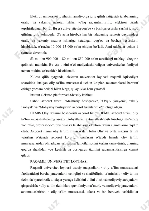 raqamli universitet loyihasi raqamli universitet loyihasi asosiy maqsadlari: · oliy ta'lim muassasalari faoliyatidagi barcha jarayonlarni ochiqligi va shaffofligini taʼminlash; · oliy taʼlim tizimida byurokratik toʻsiqlar yuzaga kelishini oldini olish va moliyaviy xarajatlarni qisqartirish; · oliy taʼlim tizimida oʻquv, ilmiy, maʼmuriy va moliyaviy jarayonlarni avtomatlashtirish; · oliy ta'lim muassasasi, talaba va ish beruvchi tashkilotlar oʻrtasida uzviylikni taʼminlash; · taʼlim jarayoni ishtirokchilari faoliyati samaradorligini monitoring qilish; · tahliliy maʼlumotlarni shakllantirish va qaror qabul qilish jarayonini optimallashtirish va tezlashtirish. tizimdan qanday foydalaniladi? o‘zbekiston respublikasi oliy ta'lim muassasalari mas'ul xodimlari tomonidan amalga oshiriladigan ishlar: tizimga kirish1 ma'lumot kiritish2 nazorat qilish3 platforma (frans. plate-forme, plat — yassi va forme — shakl) — 1) baland maydoncha; 2) kichikroq temir yoʻl stansiyasi; 3) kichik bortli ochiq yuk vagoni; 4) siyosiy p. — alohida partiya, guruh, ijtimoiy tashkilotlar tomonidan olgʻa suriladigan siyosiy dasthar doim, lekin jiddiy so'zni eshitasiz: bu nimani anglatadi? texnologiya va hisob-kitob haqida gap ketganda, platformalar …