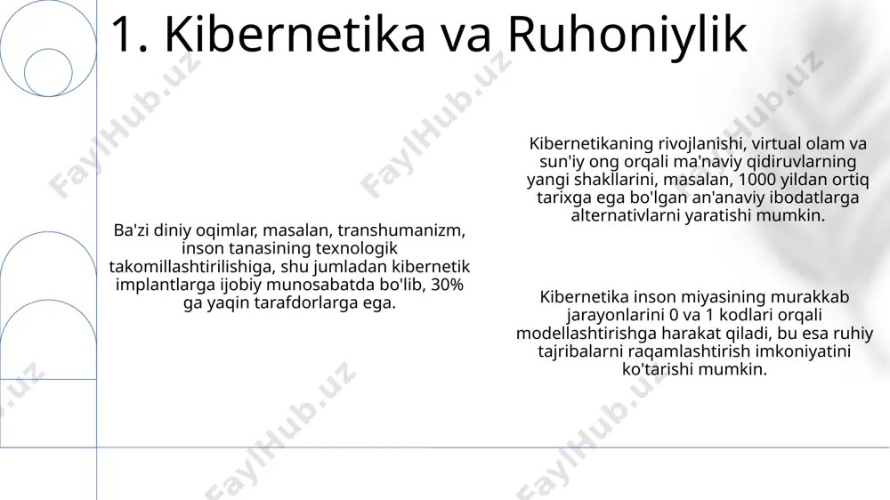 kibernetik tizimlarning diniy e'tiqodlarga ta'sirini o'rganishda, 2020 yildan keyingi ma'lumotlarga ko'ra, tadqiqotlarning 70% dan ortig'i transgumanizm va postgumanizm g'oyalariga e'tibor qaratgan. 7. axloq va etika masalalari kibernetika va dinning integratsiyasi natijasida 2040-yilga kelib inson tanasining 30% gacha sun'iy a'zolar bilan almashtirilishi va bu jarayonning diniy qarashlarga ta'sirini o'rganish muhim ahamiyat kasb etadi. sun'iy intellektning rivojlanishi bilan bog'liq axloqiy muammolarni hal qilishda diniy e'tiqodlarning roli va 5 ta asosiy dinning fikrlariga asoslangan yangi axloqiy ko'rsatmalarni ishlab chiqish istiqbollari. bioetika va kibernetika sohasidagi yangi texnologiyalarni qo'llash orqali inson umrini 10 yilga uzaytirish imkoniyati va bu jarayonning diniy qarashlarga ta'siri, qayta tiklanish va o'lim tushunchalariga ta'sirini o'rganish. 8. kelajakdagi perspektivalar kibernetika tizimlarni 1 dan ortiq elementlarning o’zaro ta’siri va ularning atrof-muhit bilan aloqasi orqali o’rganadi, bu yerda 3 ta asosiy komponent - kirish, qayta ishlash va chiqish mavjud. kibernetika, feedback loop yoki teskari aloqa tizimi orqali o'z-o'zini boshqarish mexanizmlarini, masalan, 5% xatolik chegarasi …