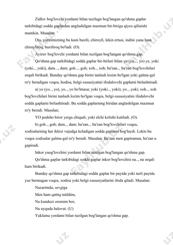 o'lsa, esa elementlari yordamida biriksa ham, sodda gaplar orasiga vergul qo'yiladi. masalan: bilasanmi, meningcha, bunday qizni sevganingdan keyin, o'ziga aytish kerak, bo'lmasa hech narsa chiqmaydi. (m.g). 4. bog'langan sodda gaplar tarkibidagi sodda gaplar ayiruvchi bog'lovchi yoki inkor bog'lovchisi yordamida biriksa, takrorlanib kelgan bog'lovchidan oldin vergul qo'yiladi. masalan: goh ko'lankalar yonib ketadi, goh shulalarni ko'lankalar yutadi. (o). foydalanilgan adabiyotlar 1. o’zbek tili (universitet va pedagogika institutlari uchun) qayta ishlangan 2-nashr t. “o’zbekiston” 1992 y. 2. a.nurmatov va boshqalar. o’zbek tilining nazariy sintaksisi t. 3. r.rasulov. so’z valentligi va sintaktik a’loqa “o’zbek tili va adabiyoti” jurnali № 5-6 1992 y. 4. a.aliev, k. sodiqov. o’zbek adabiy tili tarixidan. (universitet talabalari uchun darslik) t. “o’zbekiston”. 1994 y. 5. b.abdurahmonov, s.mamajanov o’zbek tili va adabiyoti (oliy o’quv yurti talabalari uchun darslik) t. “o’zbekiston” 1995 y. 6. m. mirtojiev mantiqiy predikatning ega vazifasida kelishi. “o’zbek tili va adabiyoti” jurnali № 2 1995 y. 7. f.ubaeva, …