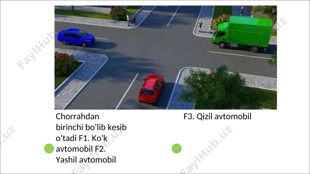 yo'lovchilari bilan birgalikdagi eng yuqori vazni (o’lchovi) что называется разрешенной максимальной массой транспортного средства f1. масса транспортного средства с грузом, водителем и пассажирами f2. максимальная масса (величина) снаряженного транспортного средства без груза, без водителя и без пассажирами, установленная предприятием- изготовителем f3. максимальная масса (величина) снаряженного транспортного средства с грузом, водителем и пассажирами, установленная предприятием- изготовителем to'la vazni 3,5 tonnadan oshmaydigan yuk avtomobillarini quyidagilar bilan jihozlanmagan bo'lsa ham foydalanishga ruxsat etiladi: f1. tibbiyot qutichasi f2. o't o'chirgich f3. majburiy to'xtaganini bildiruvchi belgi (yoki miltillovchi qizil chiroq) f4. o'zi yurib ketishidan saqlovchi, g'ildirak diametriga muvofiq (kamida 2ta) tirgak разрешается эксплуатация грузовых автомобилей с разрешенной максимальной массой не более 3.5 тн. при отсутствии: f1. аптечки f2. огнетушителя f3. знака аварийной остановки f4. противооткатного устройства соответствующего диаметру колеса (минимум 2) qaysi holatlarda jabrlanuvchiga yurak-o'pka reanimatsiyasini boshlash kerak? f1. yurak sohasida og'riq sezilganda va nafas olish qiyinlashganda f2. hushidan ketishda, nafas olish faoliyatidan qat'iy nazar …