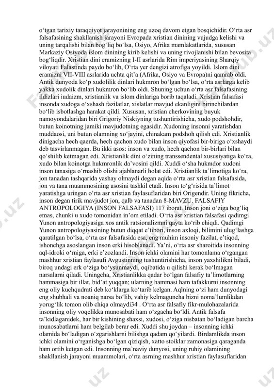 ga qarama-qarshi qismlardan iborat bo‘lib, bu qismlar tobelik kuchi asosida birlashgan». beruniy fikricha, hamma odamlarda o‘zaro bir-biriga o‘xshash va ayni paytda farq qilib turadigan jihatlar mavjud. ibn sino, «inson boshqa barcha hayvonot olamidan so‘zi, tili va aqli, tafakkur qilishi bilan farq qiladi. inson aqli turli fanlarni o‘rganish yordamida boyiydi»32, deb hisoblaydi. forobiy fikricha, inson o‘z tabiatiga ko‘ra hayotini tartibga keltirish, mustahkamlash va takomillashtirish uchun boshqa insonlarga muhtoj bo‘ladi. yakka holda hech kim buning uddasidan chiqa olmaydi. «inson shunday maxluqotki, u faqat jamiyatda o‘z ehtiyojlarini qondirishi va oliy ma’naviy darajaga ko‘tarilishi mumkin»33. inson o‘z hayotining me’mori, ijodkori bo‘lmog‘i, o‘zida fozila xislatlar, iste’dodlarni tarbiyalashi lozim. bunga esa, u jamiyatda yashab faoliyat ko‘rsatgandagina erishadi. inson ijtimoiy mavjudot. yolg‘izlik, uzlat uni qashshoqlashtiradi, insoniy qiyofasini va baxtga olib boradigan iste’dodini yo‘qotadi. ibn xaldun insonga ijtimoiy voqelik sifatida qaraydi. undan ijtimoiy mohiyat izlaydi. inson jonzot sifatida ezgulik va yovuzlik olamidir. shunga ko‘ra, u umrining har daqiqasida …