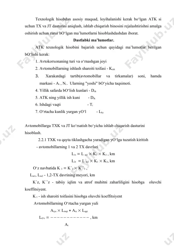 rgan yо‘lning karraligi l1t n1' ( (((, (butun songacha yaxlitlanadi va n1 deb l ky qabul qilinadi) - xisobiy 1 - tx davri l1 ( l ky ( n1 , km hisobiy davrning tuzatish kiritilgan davrdan necha foiz farq qilishini topish (farq (10% gacha bо‘lishi mumkin) l1 - l1t a1 ( (((((( ( 100 % l1t farq chegaradan chiqib ketsa, n1' ning qiymati kichik yoki katta tarafga yaxlitlanib, hisob qaytadan bajariladi. 1 - txk davri bilan 2 - txk davrining karraligi l2t n2'( ((((, (butun songacha yaxlitlanadi va n2 deb l1 qabul qilinadi) hisobiy 2-tx davri l2 ( l1 ( n2 , km l2 - l2t a2 ( (((( ( 100 %, l2t 2-txk davri bilan qt gacha yurgan yо‘lining karraligi. ltqt nk' ( ((((, (butun songacha yaxlitlanadi va nk deb l2 qabul qilinadi) hisobiy qayta tiklashgacha yurilgan yо‘l lqt ( l2 ( nk , km lqt - ltqt aqt …