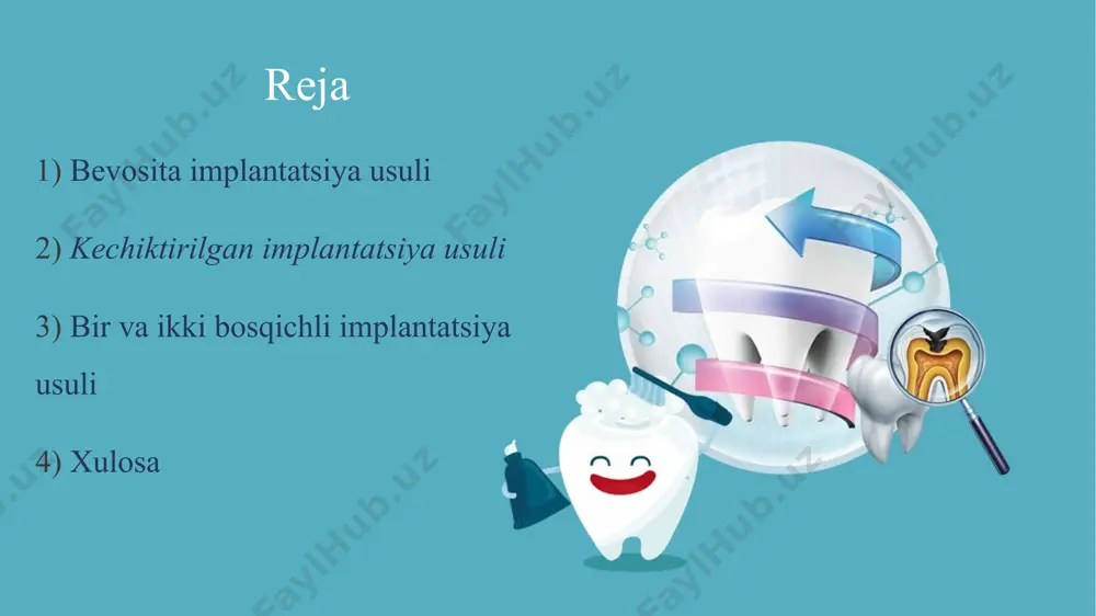 shlatiladi. peyzaj implantlari ushbu implantlar og'iz ichidagi qattiq yoki yumshoq to'qimalarning muvozanatini tiklash uchun ishlatiladi. afzalliklari: odatda, bunday implantlar tishlarni o'z ichiga olmaydi, lekin ularning joylashuvini o'zgartirishga yordam beradi. kamchiliklari: o'zaro bog'lanish va qo'llanilish jihatidan cheklangan. xulosa eʼtiboringiz uchun raxmat image1.jpeg image2.jpg image3.jpeg image4.jfif image5.jpg image6.jpg image7.jfif image8.jfif image9.jpeg image10.jpeg image11.jpeg image12.jpeg image13.jpeg image14.jpeg dental implant.