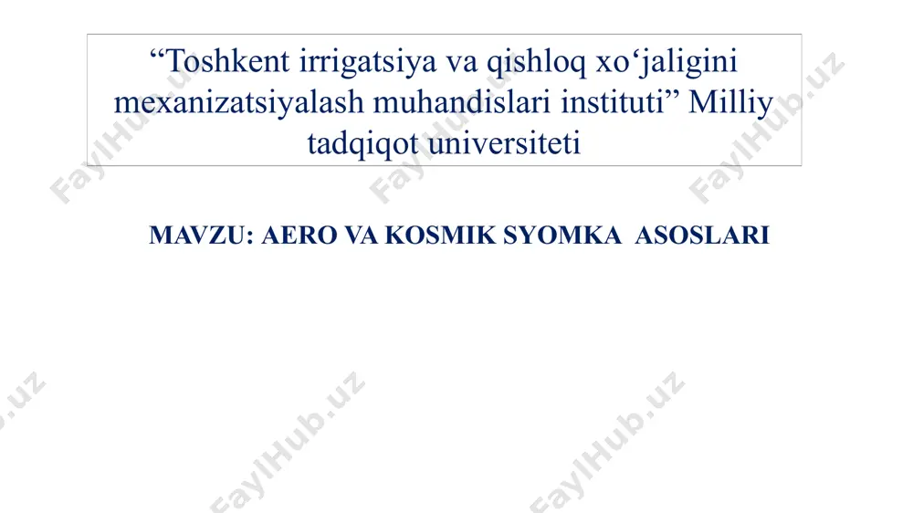 adi. keyingi ishni ta'minlash uchun qo'shni havo fotosuratlarni hisoblangan qiymatga mos keltirish kerak bo‘ladi. o‘lchovli va fotometrik ishlar havo fotosuratlari asosan aerofotografiyaning, texnik shartlarini bajarilishiga va qo'llaniladigan parametrlarni tanlashga bog'liq fotomateriallar va optik tizimlarni havodan suratga olish uchun kerak. aerosuratlarning aniqligi va sifati bir vaqtda aniqlaydi, ularga muvofiq tuzilgan xaritalar va rejalarning sifati, fotogrammetrik ishlov berish vaqti va laboratoriya ishlarni tashkil etiladi. to'liq aerosuratlarni sifatli olish va ulardan samarali foydalanish uchun birgalikda harakat qilish kerak. parvoz tadqiqot ishlarini va birinchi navbatda ularning parametrlarini butun topografik va geodezik ishlab chiqarishni tashkil etish bilan muvofiqlashtiriladi. an'anaviy aerofotosuratdan farqli o'laroq, raqamli aerofotosurat turiga bog'liq bo'lgan ikkita texnologiya yordamida amalga oshiriladi yaniy raqamli kameralar: uchish syomka ishlarini tashkil etishda raqamli kameralar ishlatiladi, tasvirining fazodagi har bir vaqtdagi o'rnini aniqlash o'lchagichlari va ikkita gps + ins tizimi birlashtiriladi. gps - global joylashish koordinatalarini aniqlash tizimi ins - tasvirlash tizim mavjud. bu tasvirlash tizimi ko'pincha kosmik …