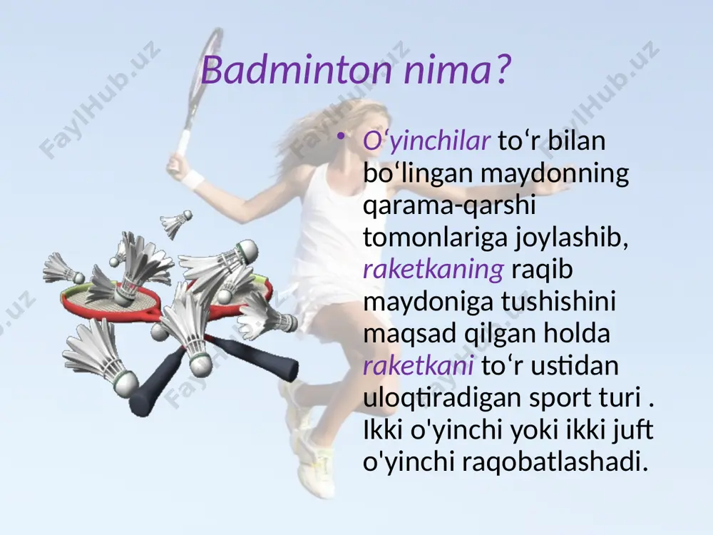 etkasi bilan yaqqol tegdi. asosiy qoidalar qur'a o'yini . uchrashuv boshlanishidan oldin durang; g'olib tomon birinchi navbatda xizmat ko'rsatish yoki xizmatni olishni tanlashi mumkin keyin yutqazgan tomon qolgan tanlovni qiladi. yonlarni almashtirish o'yinchilar tomonlarni almashtirishlari kerak: 1. birinchi o'yin oxirida 2. uchinchi o'yin boshlanishidan oldin (agar kerak bo'lsa) to'g'ri xizmat qilganda: hech bir tomon xizmatni bajarishda ortiqcha kechikishlarga yo'l qo'ymasligi kerak. server va qabul qiluvchi diagonal joylashgan xizmat maydonlarida, bu maydonlarni cheklovchi chiziqlarga tegmasdan turishi kerak. raketkasi dastlab raketkaning boshiga urishi kerak. server raketkasi bilan to'qnashuv vaqtida to'liq raketka server belidan pastda bo'lishi kerak. qoidabuzarliklar o'yin davomida : suddan tashqariga tushadi to'r orqali yoki ostidan uchib o'tadi to'r ustida uchib ketmaydi zalning shiftiga yoki devorlariga tegadi futbolchining tanasiga yoki kiyimiga tegsa sud yaqinidagi har qanday narsaga yoki shaxsga tegsa badminton - bu haqiqatan ham ajoyib o'yin. bu oddiy, lekin ayni paytda qiziqarli va hayajonli. umuman charchamasdan o'ynash oson. bo'shashtiradi, stressni …