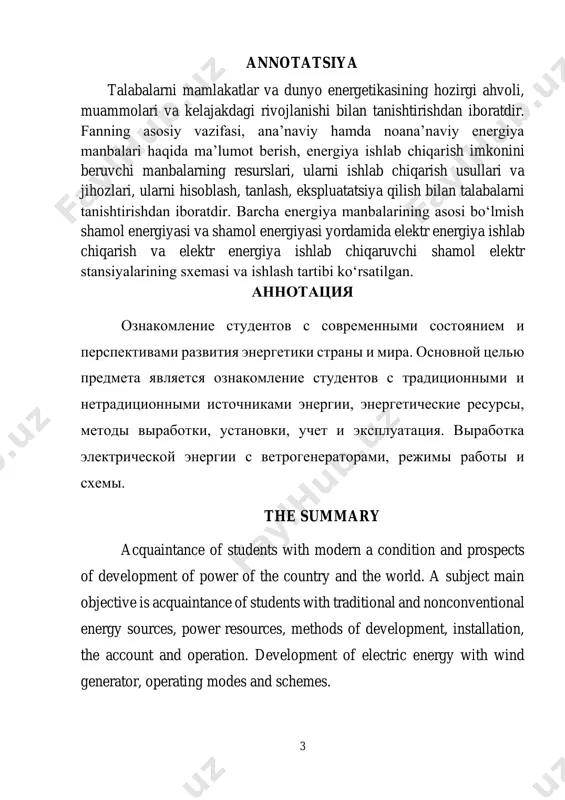 rishlar bo’ldi. 2023 yilda elektr energiyaga bo’lgan extiyoj keskin oshdi. 20-asr oxiridagi muhim o'zgarishlardan biri bu shamol energiyasi dunyo energiyasining muhim manbai sifatida qaraldi. bugungi kunda shamol energetikasi texnologiyasi haqida umumiy ma'lumot berishdir darslikning asisiy qismi shamol energiyasining tarixi va uning ishlash texnologiyalari haqida ma’lumotlar keng yoritilgan. so'nggi paytlarda turli xalqaro qurilish ko'rgazmalari va konferentsiyalarida "yashil" qurilish keng yoritilmoqda. ekologik yechimlar innovatsion texnologiyalar va materiallarni binolarni loyihalash va qurish amaliyotiga joriy etish, muqobil energiya manbalarini jalb qilish, qurilish industriyasini rivojlantirishni rag‘batlantiradi. bunday yechimlardan biri shamol energiyasidan foydalanishdir. bu sanoat atmosferadagi havo massalarining kinetik energiyasini elektr, mexanik, issiqlik yoki xalq xoʻjaligida foydalanish uchun qulay boʻlgan boshqa turdagi energiyaga aylantirishga ixtisoslashgan. konvertor sifatida shamol generatorlari (elektr energiyasini ishlab chiqarish uchun), shamol tegirmonlari (mexanik energiyaga aylantirish uchun), yelkanlar (transportda foydalanish uchun) va boshqalar ishlatilishi mumkin. o‘zbekistonda shamol energiyasi ishlatish imkoniyatlari chuqur o’rganilmoqda. respublikamoz xududida shamol o’rtacha tezligi 4-6 m/sekundni tashkil etganligi va balandligi …