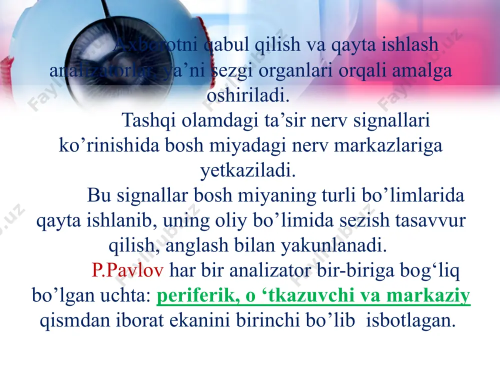 i 3 yoshdan 5 yoshgacha bo'lgan bolalarda eshitish qobiliyatini tekshirish uchun ishlatiladi. eshitishni o'rganishning ob'ektiv usullari akustik refleksometriya; eshitish orqali qo'zg'atilgan potentsiallarni ro'yxatga olish; otoakustik emissiya; akustik refleksometriya adekvat ogohlantiruvchi - intensivligi chegara qiymatlaridan oshib ketadigan tonal yoki shovqin signallari. odatda, chegara 80-90 db ni tashkil qiladi.o'tkazuvchan eshitish qobiliyatini yo'qotganda, akustik refleksning chegarasi lezyon tomonida yo'q, neyrosensor eshitish qobiliyati pasayadi. eshitish orqali qo'zg'atilgan potentsiallarni ro'yxatga olish a) qisqa kechikish (koklea, eshitish nervi, miya sopi) b) o'rta yashirin v) uzoq kechikish d) bolaning hayotining birinchi soatlarida ro'yxatga olingan. eshitish organining funktsional rivojlanishi 6-7 yoshgacha davom etadi, 14-15 yoshda eshitish sezgilari susayadi. so`ngra orta boradi. odam qo`log`ining tovush sezadigan muayyan chegarasi bo`lib, sekundiga 16 dan 20000 g/s gacha bo`lgan tovush to`lqinlarini sezadi. yosh ortishi bilan quloqning tovushni sezish chegarasi kamayib boradi. eshitish organi sog`lom bo`lishi uchun uning gigiyenasiga rioya qilish kerak. quloqni toza saqlash kerak, quloqni kovlash mumkin emas. o`rta quloqning yallig`lanishi, …