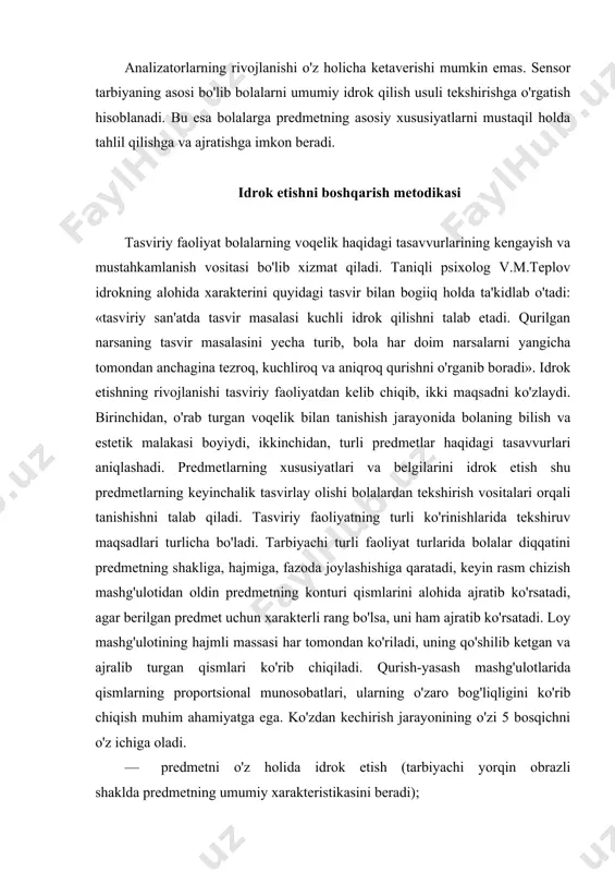 mli massasi har tomondan ko'riladi, uning qo'shilib ketgan va ajralib turgan qismlari ko'rib chiqiladi. qurish-yasash mashg'ulotlarida qismlarning proportsional munosobatlari, ularning o'zaro bog'liqligini ko'rib chiqish muhim ahamiyatga ega. ko'zdan kechirish jarayonining o'zi 5 bosqichni o'z ichiga oladi. · predmetni o'z holida idrok etish (tarbiyachi yorqin obrazli shaklda predmetning umumiy xarakteristikasini beradi); · tahlil bilan birgalikda ko'zdan kechirish (oldin katta qismlar, keyin mayda qismlar ajratiladi, ularning shakllari aniqlanadi); · predmetning qurilishini aniqlash va katta qismlarning o'zaro bog'liqligi; · rangning ajratilishi; · predmetni butun holda qaytadan ko'zdan kechirish; idrok etish jarayonining bosqichlariga bunday taqsimlanishi shartli va ular har doim idrok etishda ishtirok etmaydi. bu bolalarning malakalariga va ular oldida turgan vazifalariga bog'liqdir. predmetni qayta ko'zdan kechirish talab etilmaydi, kimdir faqat ko'rish orqali predmetni tahlil qilish yoki so'z orqali tasvirlab berish o'tiladi. bir turdagi predmetlarni qismlarga ajratish va o'zaro bog'liq shakllarini topish qobiliyatini tarbiyalash uchun taqqoslashdan foydalanish muhimdir. masalan, hamma daraxtlarning asosi vertikal holatda …