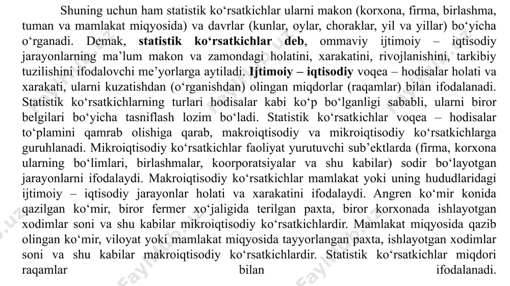 rayonlar tegishli ko‘rsatkichlarda ifodalanadi. bu ko‘rsatkichlar turli xil miqdorlarda, ma’lumotlarda berilib, hujjatlarda qayd qilinadi. statistik kuzatish natijasida miqdorlar yig‘ilib, tegishli ko‘rsatkichlar bo‘yicha guruhlanib, o‘rganiladi. miqdorlarda ifodalangan iqtisodiy va ijtimoiy ko‘rsatkichlarni umumlashtirib, tegishli xulosalar chiqarish statistikaning asosiy vazifasidir. xodisa va jarayonlar dastlab mutloq miqdorlarda qayd qilinadi, so‘ngra esa ular asosida nisbiy va o‘rtacha miqdorlar hisoblab topiladi. demak mutloq miqdorlar har qanday statistik ko‘rsatkichlarning dastlabki (boshlang‘ich) shaklidir. miqdorlar qo‘shish, ayirish, o‘lchash kabi amallarni bajarish bilan aniqlanadi. aholining umumiy soni, shu jumladan erkaklar va ayollar soni, korxonalarda xodimlar soni, ishlab chiqarilgan stanoklar soni - “bir”, ”ikki”, “uch” kabi sonlarda qayd qilinadi. ularning to‘plamlari ming kishi, ming dona kabi son ko‘rsatkichlarda ifodalanadi. qurilgan yo‘llar uzunligi, daryolarning uzunligi, bosib o‘tilgan yo‘l - metr, kilometr kabi uzunlik o‘lchovi birliklari bilan ifodalanadi. murakkab xodisalarni ifodalovchi ko‘rsatkichlar kompleks o‘lchov birliklarida ifodalanadi. bunday hodisalar ikki va undan ortiq o‘lchov birliklarining o‘zaro birikmasi bilan tavsiflanadi. masalan: tashilgan yuk - tonna/ …
