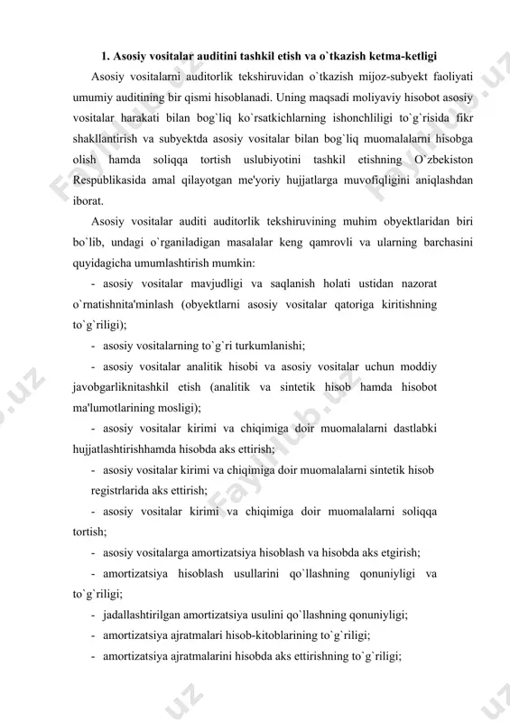 atsiya hisoblash usullarini qo`llashning qonuniyligi va to`g`riligi; · jadallashtirilgan amortizatsiya usulini qo`llashning qonuniyligi; · amortizatsiya ajratmalari hisob-kitoblarining to`g`riligi; · amortizatsiya ajratmalarini hisobda aks ettirishning to`g`riligi; · asosiy vositalarni ta'mirlash, tiklash, zamonaviylashtirish va qayta jihozlashnihisobda aks ettirish; · ta'mirlash usullari; · ta'mirlash xarajatlarini tannarxga olib borishning to`g`riligi; · asosiy vositalarni qayta jihozlash va zamonaviylashtirishga doir muomalalarnihisobga olish; · asosiy vositalar sintetik va analitik hisobining subyekt buxgalteriyasidagiholatini baholash; · belgilangan qoidalarga muvofiq subyektning o`ziga qarashli, joriy tartibdaijaraga olingan va moliyaviy lizing asosida olingan asosiy vositalarni saqlash joylarida moddiy javobgar shaxslarga biriktirilganligini baholash; · subyektning o`ziga qarashli va moliyaviy lizing asosida olingan asosiy vositalarbo`yicha yillik eskirish hisoblanishining to`g`riligini tekshirish. chunki, bu ma'lumotlar realizatsiya qilinadigan mahsulot (ish, xizmat) lar tannarxining (2010, 2310, 2510, 2710 schyotlar debeti) shakllanishi bilan bog`liq bo`lib, oqibatda subyektning moliyaviy natijalari (balans foydasi yoki zarari) ga va budjetga to`lanadigan foyda (daromad) solig`ining miqdoriga ta'sir etadi; · asosiy vositalarning sotib olinishi va …