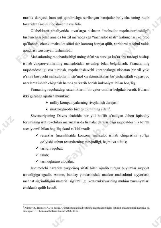 nazarida yuqoriroq sifati bilan ajralib turgan buyumlar raqobat ustunligiga egadir. ammo, bunday yondashishda mazkur mahsulotni tayyorlash mehnat sig’imliligini material sig’imliligi, konstruksiyasining muhim xususiyatlari chekkada qolib ketadi. tovar raqobatbardoshligining asosiy tashkil etuvchisi uning iste’mol xususiyatlari va narxidir. lekin tovarning bozor istiqbollari faqat sifat va ishlab chiqarish xarajatlariga bog’liq emas. tovarning muvaffaqiyatli yoki muvaffaqiyatsizligi sabablari ta’minlovchining reklama faoliyati, nufuzi, texnikaviy xizmatning taklif etilayotgan darajasi kabi boshqa notovar omillar bo’lishi mumkin. lekin raqobatbardoshligini ta’minlash bo’yicha korxona faoliyatining ishlab chiqarishga oid bo’lmagan jihatlari qanchalik muhim bo’lmasin, asos – sifat, narx va texnikaviy xizmatdir. tovar raqobatbardoshligini oshirish uchun raqobatbardoshlikni miqdoriy o’lchash imkonini ta’minlash kerak, bu esa uning darajasini oshirish imkonini beradi, iqtisodiy ko’rsatkichlar tizimi shaklida shunday miqdoriy ma’lumotni yig’ish mahsulot raqobatbardoshligini yaxshilash jarayonining muhim bosqichidir. miqdoriy ko’rsatkichlar tahlili joriy davrda raqobatbardoshlik darajasi, uni oshirish zarurati darajasi, bu maqsadga erishish potensial usullari haqida fikr yuritish imkonini beradi. undan tashqari, aytib o’tilgan ko’rsatkichlardan foydalanib, boshlang’ich davrda ko’rilgan …