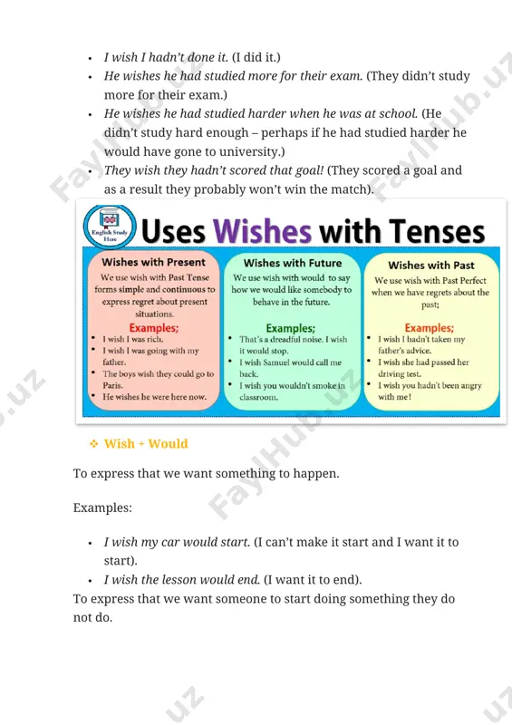 r wish when it is a more formal version of want: i wish to visit you in the summer, if possible. not: i wish (that) i visit you in the summer … we can use an object (underlined), before the to-infinitive: i did not wish my family to know about sara, so i told them nothing. when we use an object after wish, we must also use a verb in the to-infinitive form. alternatively, we can say want or (more politely) would like: we wish to have a table near the window, please. (or we would like a table near the window, please.) not: we wish a table near the window … · wish + indirect object + direct object we use wish with two objects, an indirect object + a direct object (underlined), for expressions of good wishes and hopes that good things will happen to people: (io = …
