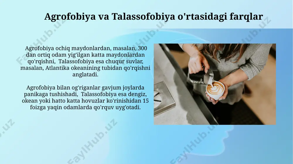 ng alomatlari agrofobiyaning alomatlari orasida nafas olish qiyinlashuvi (taxminan 75% hollarda), bosh aylanishi va qo'l-oyoqlarning titrashi ham uchraydi, bu alomatlar namangan viloyatining ochiq joylarida yurishda yanada kuchayishi mumkin. agrofobiya bilan ogʻriganlarning 30% dan ortigʻi ochiq maydonlarda, masalan, toshkentdagi keng maydonlarda yoki samarqanddagi katta bogʻlarda boʻlishdan qoʻrqishadi va bu qoʻrquv ularning yurak urish tezligini 120 zarbaga yetkazishi mumkin. xulosa va savollar talassofobiya bilan og'rigan shaxslarning 70% dan ortig'i suv ostidagi hayotga oid 3 dan ortiq qo'rqinchli filmlarni tomosha qilgan yoki suv bilan bog'liq salbiy tajribalarga duch kelgan. o'rta osiyo mintaqasida, ayniqsa, qozog'iston va o'zbekiston kabi cho'l hududlarida yashovchi odamlarda agrofobiya holatlari ko'proq kuzatiladi, chunki ular ochiq maydonlarda yo'qolib qolishdan qo'rqishadi. e'tiboringiz uchun rahmat @taqdimot_robot image2.jpg image3.jpg image4.jpg image5.jpg image6.jpg image7.jpg image8.jpg image9.jpg image10.jpg image11.jpg image12.jpg image13.jpg image14.jpg image15.jpg image1.png