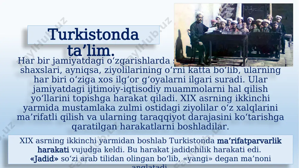 ik harakatlarini matbuot, noshirlik va teatr sohalarida davom ettirdilar. 1898-yilda qo‘qon shahrida salohiddin domla ikkinchi jadid maktabini ochdi. 1899-yili andijonda shamsiddin domla va toshkentda mannon qori jadid maktabini ochib, ko‘plab o‘quvchilarning yangi usulda ta’lim olishlariga erishdilar. 1909­ yildan yangi usul maktablarini ochish uchun maxsus ruxsatnoma olinishi belgilanadi. bu bilan maktablar ro‘yxatga olib borilgan va ro‘yxatdan o‘tmagan maktablarning faoliyat yuritishiga yo‘l qo‘yilmagan. xx asr boshlariga kelib toshkent, samarqand, buxoro, farg‘ona vodiysi shaharlarida o‘nlab yangi usuldagi maktablar ochildi. jadidlar maktablarda yoshlarni tarbiyalab, ular orqali turkistonda mustaqil davlat barpo etish uchun milliy davlatchilik g‘oyalarini ilgari surganlar. xx asr boshiga kelib turkistonda jadid ziyolilarining butun bir avlodi, o‘lka ma’naviy-ma’rifiy soha taraqqiyotiga, milliy madaniyatning rivojlanishiga katta hissa qo‘shgan namoyandalari vujudga keldi. jadidchilik harakati va harakatining yirik namoyandalari. jadidlar maktablarda yoshlarni tarbiyalab, ular orqali turkistonda mustaqil davlat barpo etish uchun milliy davlatchilik g‘oyalarini ilgari surganlar. xx asr boshiga kelib turkistonda jadid ziyolilarining butun bir avlodi, o‘lka …