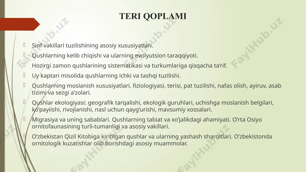 rigi ensa suyagi; 6-qulog‘i; 7-asosiy ponasimon suyagi; 8-oldingi ponasimon suyagi; 9 -qanot ponasimon suyagi; 10-ko‘z ponasimon suyagi, 11-ко’zlararo teshik; 12-o'rta hidlov suyagi; 13-bosh tepa suyagi. 14-manglay suyagi; 15-burun suyagi; 16-yosh suyagi; 17-jag’lararo suyak, 18-yuqorigi jag" suyagi; 19-yonoq suyagi; 20-kvadrat yonoq suyak, 21-tangacha suyak; 22-kvadrat suyak; 23-dimog‘ suyak; 24-qanotsimon suyak; 25-birikuvchi suyak; 26-tish suyagi; 27-burchak suyagi. 9 bo’yin umurtqasi-11-25 ta ko’krak umurtqasi 3-10- ta murakkab dumg’aza umurtqasi 10-22 ta dum umurtqasi 6-9 ta pigostil-dum suyagi 4- ta umumiy umurtqalar qushlarning qo’l kamar suyaklari 1-yelka suyagi; 2 - bilak suyagi; 3 - tirsak suyagi; 4 - bilaguzuk bo'limining mustaqil suyagi; 5 — to'qa (kaft va bilaguzuk suyaklarining qo’shilishidan hosil bo'lgan teshikli suyak); 6 - ikkinchi barmoq falangasi; 7 — birinchi barmoqning birdan-bir falangasi; 8 - uchinchi barmoqning birdan-bir falangasi orqa oyoqlar skeleti baquvvat naysimon suyaklardan iborat. son suyagining proksimal uchida chanoq kamariga birikadigan dumaloq boshi bo'ladi. distal uchida esa boldir suyaklari birikishi …