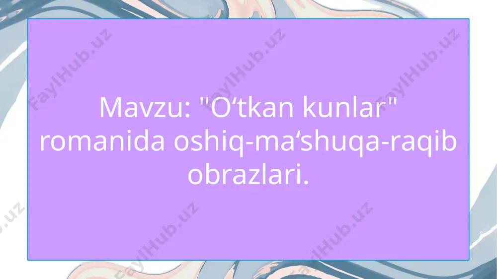 ynan, “alpomish” dostonida mukammal aks etgan. chunki “alpomish” dostoni muayyan epik tizimga ega, syujet jihatdan ham, obrazlar jihatdan ham o‘z yakuniga yetgan birbutun hodisa hisoblanadi. birinchi o‘zbek romani “o‘tkan kunlar” da otabek va kumushning uchrashuvi “taqdir shamoli” deya talqin qilinadi. g‘arb xalqlari bu masalaga biroz boshqacha yondashadi. bir qarashda eposlardagi farq ham yaqqol ko‘rinadi. “iliada” dostoni qahramoni paris yelenani ko‘rib oshiq bo‘ladi va olib qochadi. bu yerda oshiq va ma’shuqa hech qanday taqdir ishoratisiz bir-birini real ko‘radi. qolaversa, bu paytda yelina allaqachon menelay bilan turmush qurgan edi. g‘arb eposlarida uchrashuv motivi real sodir bo‘ladi, keyinchalik ushbu motiv antik yunon romanlariga ko‘chgan. “nikoh yoshidagi yigit va qiz. ularning nasl-nasabi noma’lum yoki sir saqlanadi. yigit va qiz mislsiz go‘zalliklari bilan boshqalardan ajralib turishadi. shuningdek, ular haddan ziyod pokiza (ma’sum). yigit bilan qiz kutilmaganda (ko‘pincha tantanali bayramlarda) uchrashib qolishadi. bir-birlarini lahzalik, jilov bilmas ehtiros bilan sevib qolishadi”. oshiq (otabek) obrazi. avvalo, oshiq obraziga …