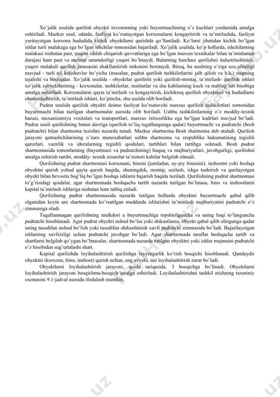 iladi: qurilayotgan obyektning maqsadga muvofiqligi yuzasidan texnik-iqtisodiy tadqiqotlar olib borish; obyektni loyihalashtirish va qurilish uchun texnik-muhandislik ishlariga tayyorgarlik ko’rish. har bir yo’nalish o’zining maqsad va vazifalariga ega. texnik-iqtisodiy tadqiqotlar jarayonida kelgusi obyektning (qurilishi mo’ljallangan obyektning) asosiy texnik- iqtisodiy ko’rsatkichlari aniqlanadi va qurilishni amalga oshirishning iqtisodiy jihatdan maqsadga muvofiqligi baholanadi. loyihalashtirish bosqichida obyektning konstruktiv echimlari, qurilishni tashkil etishning usullari va ishlab chiqarish texnologiyasi ishlab chiqiladi. shuningdek, qurilishning smeta qiymati aniqlanadi. unday keyin qurilish uchun texnik-muhandislik tayyorgarlik ishlari amalga oshiriladi. qurilishni amalga oshirish bosqichida qurilish maydonida qurilish jarayonining barcha texnologik elementlari qo’shiladi. bunda qurilish ishlab chiqarishidagi jami xarajatlar, bino va inshootlarning moddiy-mulkiy elementlari bo’yicha xarajatlari shakllantiriladi. qurilish obyektini foydalanishga (ekspluatatsiyaga) topshirish bosqichida qurilib bitkazilgan obyektlar ishga tushiriladi va tayyor mahsulot sifatida buyurtmachiga topshiriladi. takror ishlab chiqarishning uch bosqichi kapital qo’yilmalar aylanishining uch bosqichiga muvofiq keladi: 1) qurilish - asosiy fondlarni barpo etish shakli sifatida; 2) qurilish mahsulotining asosiy fondlarga aylanishi shakli sifatida; …