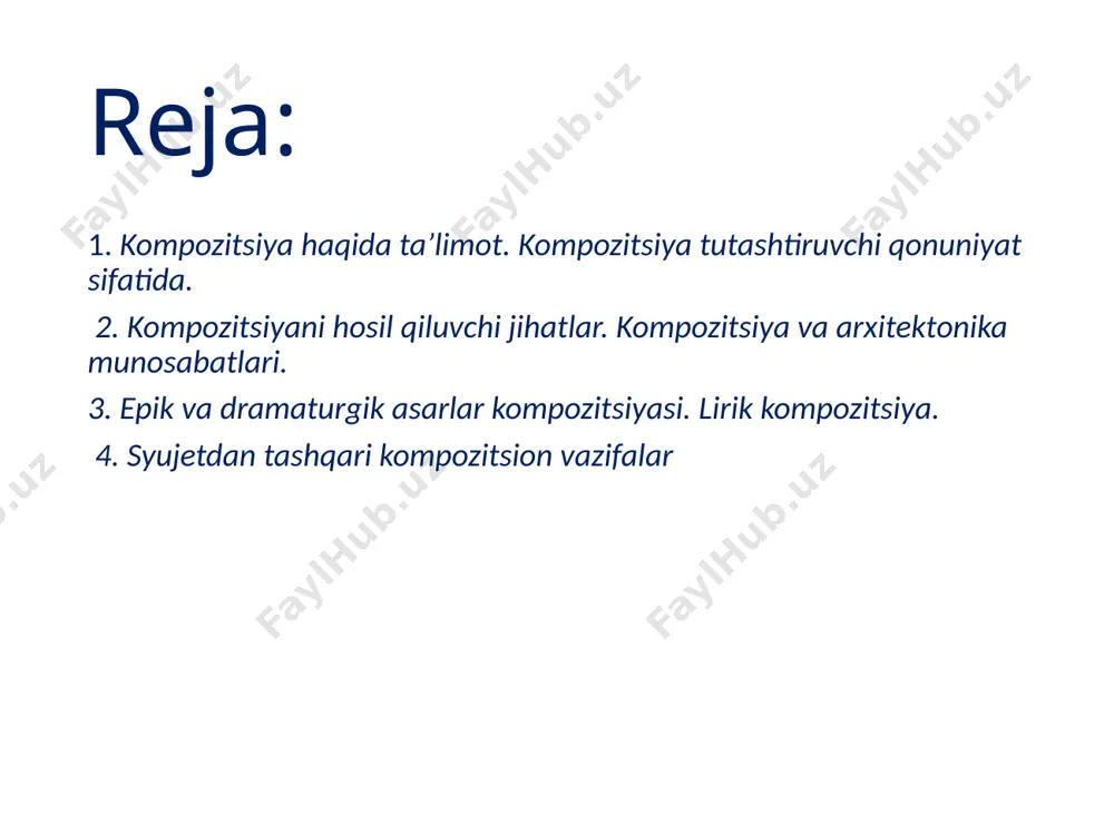 g zamon yoki sabab-natija munosabati asosidagi aloqadorligi, yuz berish va hikoya qilinish vaqti, turli makon va zamonda kechayotgan voqealarning o‘zaro bog‘liqligi, makoniy va zamoniy o‘zgarishlarning asoslanishi v.b. kompozitsiya badiiy asarning chinakam sistema, ya’ni qismlardan tarkib topgan, lekin barcha qismlari o‘zaro mustahkam aloqadagi butunlikka aylanishini ta’minlaydi. buning uchun esa qismlarning har biri o‘z o‘rni va o‘z me’yorida, butun b-n mustahkam aloqada bo‘ladigan va bu aloqalar anglanadigan tarzda joylashtirilishi muhim. ya’ni ijodiy niyatdayok o‘qish jarayoni nazarda tutiladiki, ayni shu narsa ijod jarayoniga ham ta’sir qiladi, yaratilajak asar kompozitsiyasining qanday bo‘lishini belgilaydi. badiiy asar kompozitsiyasi nafaqat asarning barcha komponentlarini uyushtirib, uning shakliy va mazmuniy butunligini ta’minlaydigan, balki uning o‘qilishi, uqilishi va kitobxonga g‘oyaviy-estetik ta’sirini boshqaradigan, xullas, asarni chinakam san’at hodisasiga aylantiradigan eng muhim unsur ekan. shuning uchun ham kompozitsiyaga badiiy shaklning gultoji sifatida qaraladi, muayyan asar badiiyati haqida gap ketganda, uning kompozitsion xususiyatlariga, badiiy maxorat haqida so‘z borganda, shu boradagi maxoratga ayricha e’tibor …