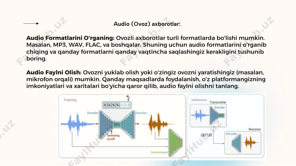 audio tahrirlash va ishlash vositalari boshqa audio axborotlarni tahrirlash, qo'shish, optimallashtirish va o'zgartirish uchun yordam beradi: fl studio: fl studio audio yaratish va tahrirlovchi dasturdir. u musiqa produksiyasi, ovozga effektlar qo'shish va boshqa qo'shimcha funksiyalarni bajarish uchun yaxshi tanlov bo'lib, ilova bepul va pullik versiyalarda mavjud. logic pro x: logic pro x macos uchun pullik audio tahrirlovchi va musiqa yaratish dasturi. u tahrirlovchilarni va musiqachilar sifatida ishlatiladi va professional darajadagi musiqa yaratishga imkon beradi. pro tools: pro tools audio produksiyasi va tahrirlovchi dasturdir, xususan audio injinerlari va studiyalarda ishlatiladi. u professional audio tahrirlovchi va post-produksiyani oshirish uchun juda samarali dastur. cubase: cubase audio produksiyasi va tahrirlovchi dasturdir. u musiqa yaratish va ovozni tahrir qilish uchun juda samarali va professional bir vosita. reaper: reaper boshqa audio tahrirlash dasturlariga taqlid qiladi. u ham ovozlarni tahrir qilish, effektlar qo'shish va musiqa yaratish imkoniyati beradi. video (videorolik) axborotlar: video formatlarini o'rganing: videolar ham ko'p …