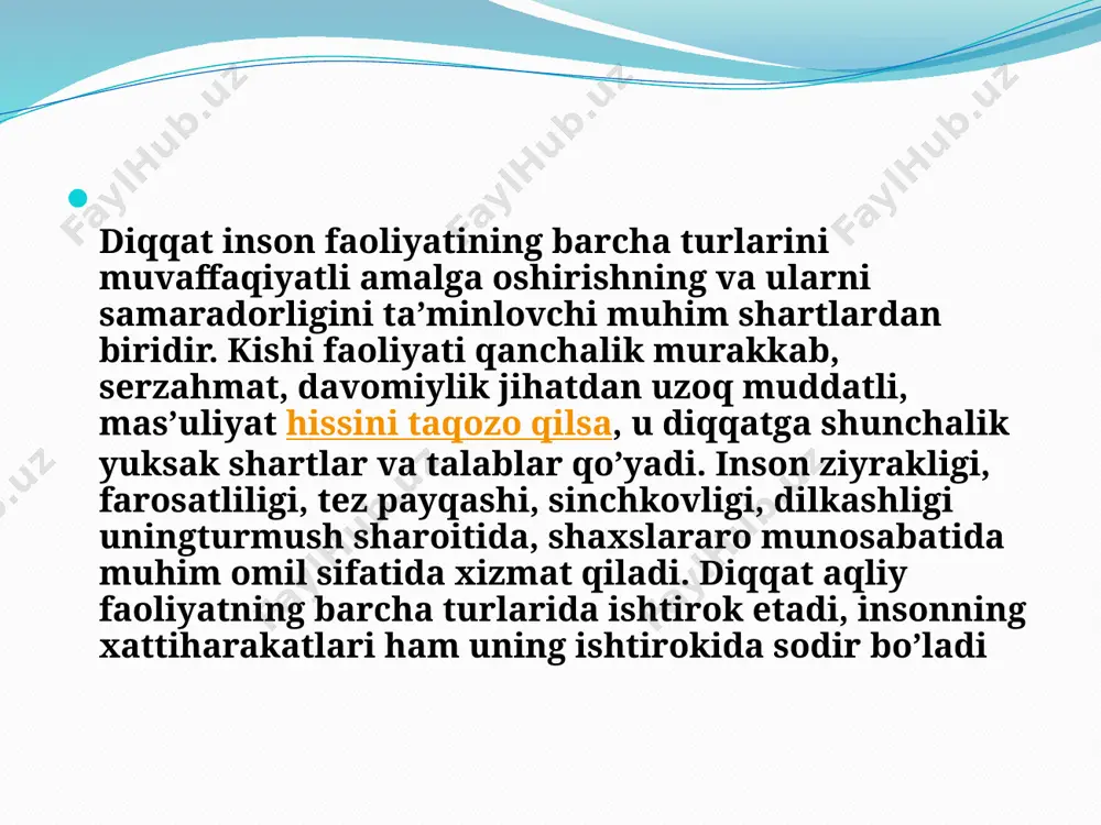iq bo’ladi. ikkinchidan, undan uyushkoklikni talab etadi, bu avvaldan diqqatni tuplashga tayorgarlikda, shuningdek etiborining tuplanish jarayonini boshqara bilishda ifodalanadigan uyushkoklikdir. uchinchidan, irodaviy diqqatga diqqatni jalb qilish va saklash jarayonida zur berish bilan bog’liq bo’lgan kuch sarflash xos. nixoyat, turtinchidan, u faoliyat jarayonidagi uta barqarorligi bilan fark qiladi. shuning uchun uni irodaviy diqqat deyiladi. faoliyat jarayonida, ko’pincha, diqqatning ixtiyorsiz ravishda asosiy ishdan bo’lak narsalarga ko’chib turishi uchraydi. bunday xodisani diqqatning chalg’ishi deb ataladi. ixtiyorsiz diqqatni ham va ixtiyoriy diqqat ham o’zining yo’nalishiga ko’ra tashqi va ichki bo’lishi mumkin manbai bizning ongimizda tashqarida bo’lgan diqqatga tashqi diqqat deb ataladi. tashqi diqqat dastavval bizning idroklarimiz jarayonida namoyon bo’ladi. shafyor, vagon haydovchisi, tikuvchining ishida sodir bo’ladigan diqqat tashqi diqqatga misol bo’la oladi. manbai bizning tasavvurlarimiz, fikrlarimiz, hissiyotlarimiz va mayllarimizdan iborat bo’lgan diqqatga ichki diqqat deb ataladi. biz ongimizning uzida sodir bo’layotgan jarayonlarni kuzatayotganimizda, ya’ni o’z xissiyotlarimizni, fikrlarimizni, istaklarimizni va shuning kabilarni kuzatayotganimizda ichki diqqat …