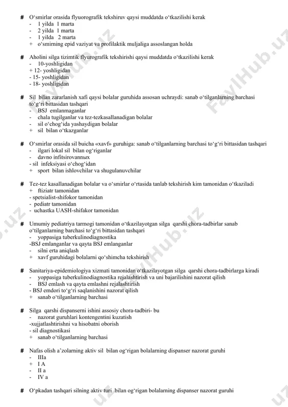 kteriyasini tasdiklangan ravishda kasallik o‘chog‘idan (balg‘am,peshob va xokazo) ajratib olingan yoki biopsiya yo‘li bilan to‘qimadan olingan kasallik - rengenologik va flyurografik yo‘l bilan silni aniqlash · bolalarda silni aniqlashning assosiy usullari + yoppasiga tuberkulindiagnostika - flyuorografiya - xaf guruhini silga tekshirish - ftiziatr kabuliga kelganlarni tekshirish · o‘smirlarda silni assosiy aniqlash yo‘li - bu - tuberkulinodiagnostika - kontaktdigilarni tekshirish - flyuorografiya + xamma javoblar to‘g‘ri · tuberkulinodiagnostikani yoppasiga bolalarning kuydagisida o‘tkazish lozim - 6 oyda 1 marta + 1 yilda 1 marta - 1 yilda 4 marta - 2 yilda 1 marta · o‘smirlar orasida flyuorografik tekshiruv qaysi muddatda o‘tkazilishi kerak - 1 yilda 1 marta - 2 yilda 1 marta - 1 yilda 2 marta + o‘smirning epid vaziyat va profilaktik muljaliga assoslangan holda · aholini silga tizimtik flyurografik tekshirishi qaysi muddatda o‘tkazilishi kerak - 10-yoshligidan + 12- yoshligidan - 15- yoshligidan - 18- yoshligidan · sil bilan zararlanish …