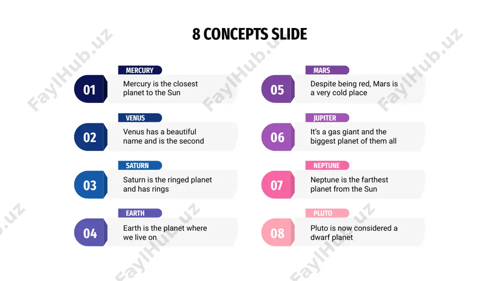 sun c earth earth is the planet where we live on d mercury mercury is the smallest closest planet to the sun a venus venus has a beautiful name and is the second b saturn saturn is the ringed one. it’s mostly hydrogen and helium c pluto pluto is now considered a dwarf planet d mercury is actually the smallest planet of them all mercury it’s a gas giant and the biggest planet of them all jupiter saturn is a planet composed of hydrogen and helium saturn pluto is now considered a dwarf planet pluto venus has a beautiful name but is really hot and warm venus mars is a cold place. it’s full of iron oxide dust mars neptune is the farthest planet from the sun of them all neptune earth is the third planet. it is the planet we live on earth 8 concepts slide 06 it’s a …