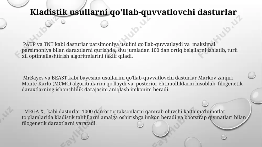 70% dan yuqori bo'lgan tugunlar yuqori ishonchlilik darajasiga ega deb hisoblanadi va ularning filogenetik munosabatlarini ko'rsatadi. bayesian usullari orqali hisoblangan posterior ehtimolligini tahlil qilish daraxtning topologiyasining ishonchliligini baholashda muhim rol o'ynaydi, 0.95 dan yuqori qiymatlar yuqori ishonchlilikni ko'rsatadi. bayesiyan usuli bayesiy usulida filogenetik daraxtlarni qurishda markov zanjiri monte-karlo (mcmc) algoritmlari qo‘llaniladi, bu esa posterior ehtimollik taqsimotini 1000 dan ortiq iteratsiyadan so‘ng yaqinlashtirish imkonini beradi. bayesiy usuli, maksimal ehtimolli usuldan farqli o‘laroq, daraxt topologiyasi va parametrlarning butun posterior ehtimollik taqsimotini hisoblab chiqadi, bu esa noaniqlikni aniq baholash imkonini beradi. mrbayes kabi bayesiy dasturlari, model tanlash va model parametrlarini baholash uchun bayes faktorlaridan foydalanib, turli filogenetik modellarni solishtirishga imkon beradi. masofaviy usullar masofaviy usullar, masalan, upgma yoki neighbour-joining algoritmlari, filogenetik daraxtlarni qurishda 100 dan ortiq taksonlarni tahlil qilishda hisoblash jihatidan samaraliroq bo'lishi mumkin. masofaviy matritsalarni hisoblash uchun turli xil masofa metriklari, masalan, hamming masofasi yoki jukes-cantor masofasi, ishlatilishi mumkin va ularning tanlovi …