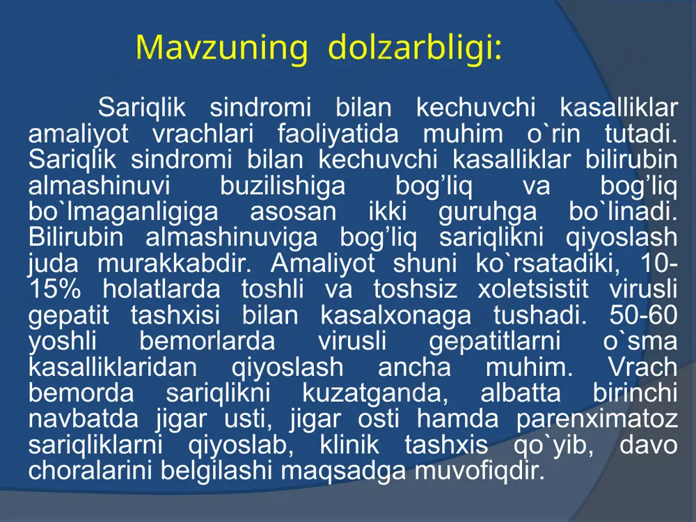 kul'tativ belgi); saraton kasalligining umumiy ko`rinishlari; ko`pincha sariqlik tana haroratining oshishi bilan kuzatilishi; kasallikning davriy kechmasligi, sariqlik oldi davrining uzoq va kuchsiz ifodalanishi; keskin rivojlangan sariqlikda qoniqarli ahvolning uzoq vaqt saqlanishi; sariqlikni kulrang yoki er rangda, limon rangda bo`lishi; uzoq vaqt turg’un axoliya va xoliuriya kuzatilishi; o`n ikki barmoqli ichak katta so`rg’ichi rakida sariklik almashuvchan va yaqqol bo`lmasligi bilan tavsiflanishi; sariqlikdan oldin teri qichishining paydo bo`lishi, terida tirnash izlarining bo`lishi; qorinning yuqorisida tumtoq og’riq; qattiq konsistentsiyali, ba`zan g’adir-budir yuzali gepatomegaliya; paypaslaganda o`t pufagining kattalashganligi; taloq kattalashmaganligi; alat faolligining nisbatan kamrok (2-3 marta) oshishi; teri va ko`zning oqlik pardasida sariqlik. birlamchi sklerozlanuvchi xolangitda tashxisot mezonlari virusli gepatit a ning tashxisot mezonlari gepatit e ning tashxisot mezonlari: - gepatit e endemik o`choqlarida uchrashi; - suv bilan ta`minlovchi manbaning ifloslanish ehtimolining bo`lishi; - shaxsiy gigiena qoidalariga rioya qilmaslik; - bemor atrofidagilarida ushbu kasallik qayd etilganligi; - gepatit adan farq qilib, bolalar emas, balki …