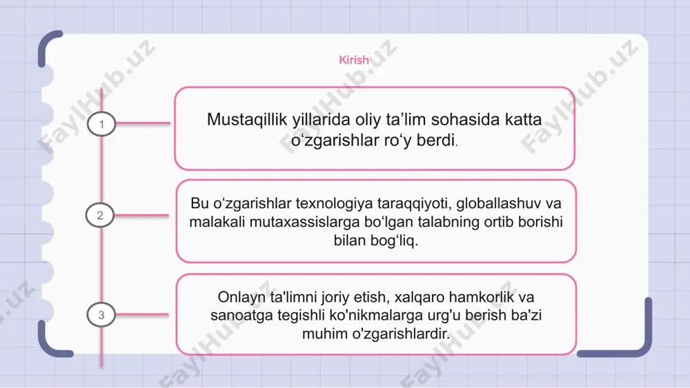 uchining o‘zgaruvchan ehtiyojlarini aks ettiruvchi yangi fanlar va fanlar paydo bo‘ldi. fanlararo tadqiqotlarga o'tish, ta'limga yaxlit yondashuvni rivojlantirish va talabalarni turli martaba imkoniyatlariga tayyorlash. texnologiyaning roli mustaqillik yillarida oliy ta’lim sohasida katta o‘zgarishlar ro‘y berdi. asosiy o'zgarishlardan biri ta'limda texnologiyaning rolini oshirish bo'ldi. texnologiya o'quvchilarni o'rganish va o'qituvchilarning dars berish usullarini o'zgartirdi. bu taʼlimni yanada qulayroq va moslashuvchan qilib, onlayn oʻqitish va masofaviy taʼlim dasturlarini amalga oshirish imkonini berdi. qolaversa, texnologiya oliy taʼlim muassasalarida maʼmuriy vazifalarning samaradorligini oshirdi, qabul, kurslarni roʻyxatdan oʻtkazish va hisob yuritish kabi jarayonlarni soddalashtirdi. 1 2 3 qiyinchiliklar mustaqillik yillarida oliy ta’lim sohasida jiddiy o‘zgarishlar yuz berdi va ko‘plab muammolarga duch keldi. muammolardan biri oliy ta'limga bo'lgan talabning ortib borishi, bu esa ko'proq universitet va kollejlarga bo'lgan ehtiyojni keltirib chiqaradi. yana bir qiyinchilik - bu o'quv dasturlari va o'qitish metodikasining doimiy yangilanishini talab qiladigan texnologiyaning jadal rivojlanishi. turli xillikni oshirish mustaqillik yillarida oliy ta’lim sohasida sezilarli …