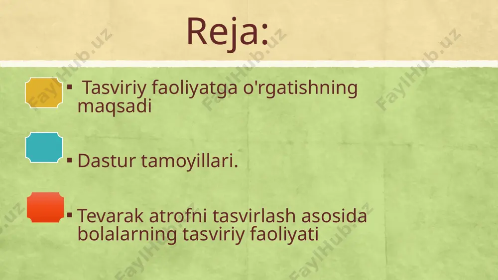 bashorat qilish natijalarning taxminiy bo'lsada belgilab olinishi uchun sharoit yaratadi.) -mashg'ulotlarni puxta reja yoki loyiha asosida tashkil etish(ushbu holat aniq maqsad negizidaxususiy maqsadlarni aniqlash, mashg'ulot jarayonining umumiy davri hamda bosqichlarni toʻgʻri rejalashtirish kerak. 6 7 maktabgacha talim muassalarida tasviriy faoliyat bilan tanishtirish mashg'ulotlarining o'tkazishnining o'ziga xos xususiyatlari bilan taninishtirish. maktabgacha talim muassalarida bolalarni tasviriy faoliyat bilan tanishtirish orqali mehnatsevarllik, mustaqillilik ko'nikmalarinni shakllantirishda turli shakl , usul, vositalardan folydalanish . har bir bolani hayotda davlatimizning moddiy va ma'naviy rivojlanishida faol ishtirok etadigan qilib tayyorlash uchun, unga faqat bilim berish, tarbiyalash kamlik qiladi, uning shaxsiy qobiliyatlarini shakllantirish, yangilik yaratishga undash tarbiyachining asosiy vazifasi hisoblanadi. • ilk qadam " davlat dasturida katta yoshdagi bolalarda mehnatsevarlik, mustaqillilik mehnati natijasida qoniqish sifatlarini shakllantirish, hunarmandchilikka qiziqtirish ,xalq amaliy sanati turlari bilan tanishtirish takidlab o'tilgan. tasviriy faoliyat boyicha ishni malum bir vaqtda rejalashtirishda, shu davrda faoliyatning boshqa turlari bo'yicha ham amalga oshiriladigan talimiy tarbiyaviy ishlarni ham nazarda …