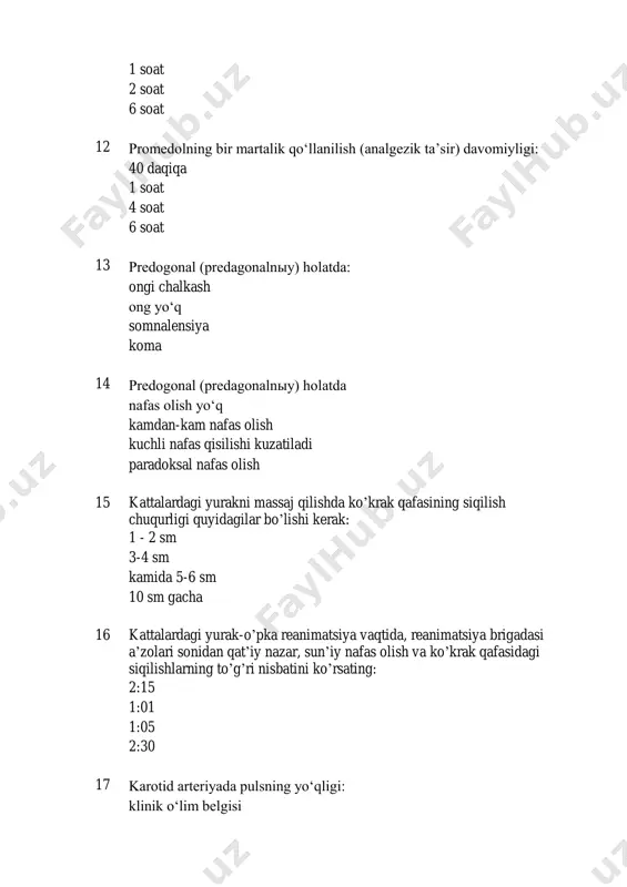 isi komaning diagnostik belgisi chuqur intoksikatsiya belgisi 18 zamonaviy tushunchalarga koʻra, klinik oʻlimning davomiyligi: 10 daqiqa 3-5 daqiqa 5-7 daqiqa 7-10 minut 19 yurak-oʼpka reanimatsiyasini oʼtkazish uchun minimal etarli vaqt qancha boʼlishi kerak: 10 daqiqa 20 daqiqa 30 daqiqa 40 daqiqa 20 gipoksiya, birinchi navbatda, nimaning buzilishiga olib keladi: yurak oʻpka jigar miya 21 qorincha fibrilatsiyasi borligida elektrokardiogrammada qanday oʻzgarishlar aniqlanadi: p toʻlqinining yoʻqligi qrs komplekslarining yoʻqligi yurak urish tezligi daqiqada 300 dan ortiq yuqoridagilarning hammasi 22 tanadagi yetarli qon aylanishi quyidagilar bilan saqlanib qoladi: miokard qisqarish qobiliyati qon tomir tonusi aylanma qon hajmi yuqoridagi barcha omillar 23 3-darajali shok quyidagi sistolik qon bosimi bilan tavsiflanadi: 60 mm rt.st.dan past 60-80 mm rt.st 90-100 mm rt.st 100-120 mm rt.st 24 2-darajali shok quyidagi qon bosimi bilan tavsiflanadi: 60 mm hg dan past 60-80 mm hg 90-100 mm hg 100-120 mm hg 25 1-darajali shok quyidagi sistolik qon bosimi bilan tavsiflanadi: …
