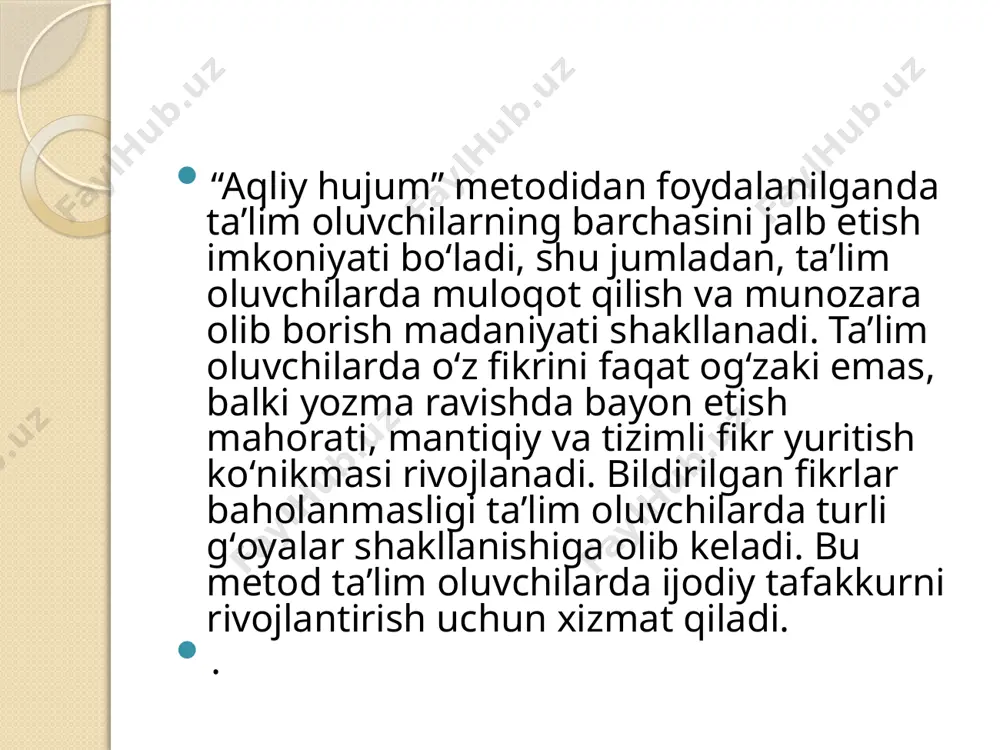 ga haddan tashqari e‘tibor berishadi va shuning uchun ularning ijodiy fikrlashlari cheklangan. axir “e” harfi bilan boshlanadigan “y” dan ko'ra ko‘proq so‘zlar va g‘oyalar mavjud, ammo ularning har biri uchun faqat bitta fikr kerak. shuning uchun abc aqliy hujumi sizning ishtirokchilaringizning fikrlash jarayonini sezilarli darajada cheklaydi, bu esa “aqliy hujum” atamasi orqasida yashiringan, filtrlanmagan, xom g‘oyalar maqsadiga ziddir. umuman aytganda, aqliy hujumga bag‘ishlangan qoidalar qancha ko‘p qo‘llanilsa, asl g‘oyalarni yaratish imkoniyati shunchalik kam bo‘ladi. elektron aqliy hujumi ko‘plab variantlarni, shu jumladan forum, jamoaviy platformalar yoki qo‘shma hujjatlar yordamida ma‘lumot almashishni o‘z ichiga oladi. videokonferensiya eng yaxshi klassik aqliy hujum usullariga mos keladi. skype va shu kabi boshqa video chat dasturlaridan foydalanish, aniq aqliy hujumlar sessiyalarining ta‘sirini aks ettiradi. bu real vaqtda miya hujumi usuli bo‘lgani uchun, o‘z-o‘zidan ijod qilish uchun joy ham mavjud. shunga qaramay, video suhbat yuzma-yuz muloqotni to‘liq o‘rnini bosa olmaydi, bu ikki ishtirokchi o‘rtasida ruhiy to‘siqni keltirib …