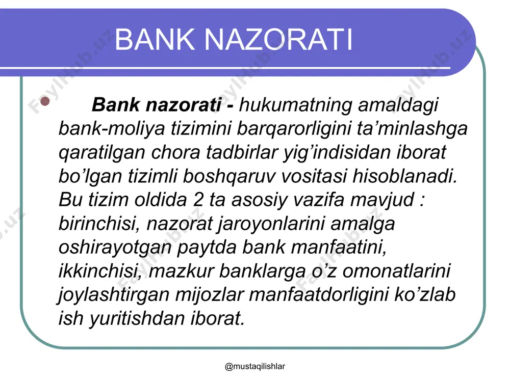 g’risida” 1995-yil 21-dekabrdagi qonunga muvofiq, bank tizimi barqarorligini qo’llab-quvvatlash, omonatchilar va kreditorlarni manfaatlarni himoyalash maqsadida bank nazoratini va bank faoliyatini tartibga solishni amalga oshiradi. 1995-yil 25-aprelda “banklar, bank faoliyati to’g’risida”gi qonunning 44-moddasida “markaziy bank qonun hujjatlariga muvofiq banklar faoliyatini nazorat qilib boradi” deb qo’yilgan. @mustaqilishlar @mustaqilishlar bank nazorati markaziy bankning faoliyatini tartibga solish eng muhim funksiyalari : - banklarni litsenziyalash; - majburiy zahira talablarini belgilash; - iqtisodiy normativlarni belgilash; - banklar faoliyatini tartibga solish va nazorat qilish @mustaqilishlar @mustaqilishlar xulosa xulosa qilib aytganda, o’zbekiston respublikasida markaziy bank tijorat banklari, mikrokredit tashkilotlari va garovxonalar ustidan moliyaviy nazoratni amalga oshiradi. barcha tijorat banklari uchun qayta moliyalashtirish stavkasini belgilaydi va bu stavka hozirgi kunda 16% ni tashkil etmoqda. qayta moliyalashtirish stavkasi inflyatsiya darajasini hisobga olib belgilanadi hozirda inflyatsiya darajasi esa 16,7% ni tashkil etmoqda. markaziy bank tijorat banklari uchun litsenziyalar berish bilan birga ularni qaytarib olish huquqiga ham ega. @mustaqilishlar @mustaqilishlar