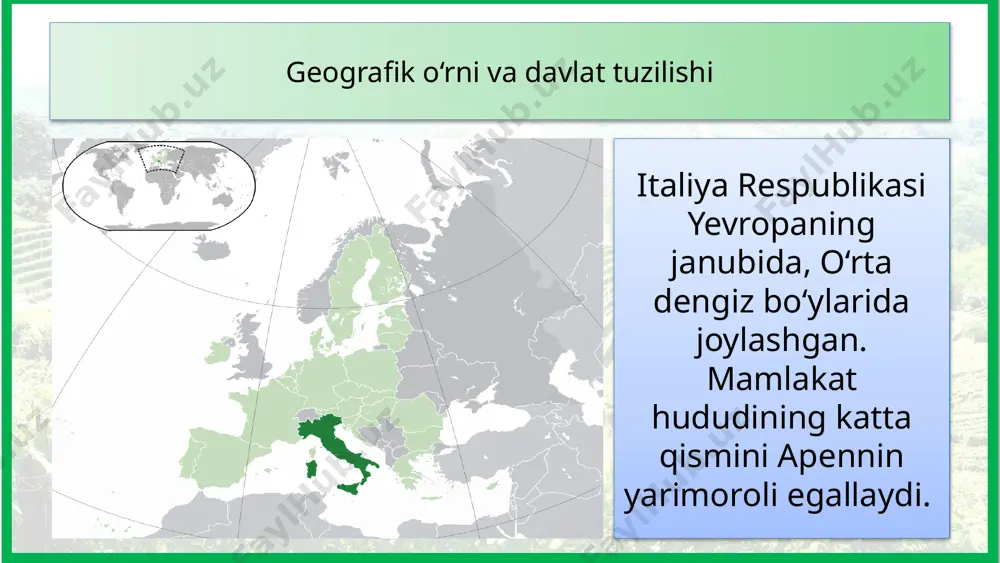 omonidan tuzilgan butunjahon meros obyektlari ro‘yxatiga aynan italiyadagi tabiiy va tarixiy-madaniy yodgorliklar eng ko‘p miqdorda kiritilgan (63-rasm). © foydalanilgan adabiyotlar: v. n. fedorko, n. i. safarova, j. a. ismatov, e. y. nazaraliyeva– geografiya (jahon iqtisodiy-ijtimoiy geografiyasi), umumiy o‘rta ta’lim maktablarining 10- sinf o‘quvchilari uchun darslik, respublika ta’lim markazi, 2022 @edurtm_uz a. abduqayyumov, i. safarov, m. tillaboyeva, v. fedorko – geografiya (jahon iqtisodiy-ijtimoiy geografiyasi), umumiy o‘rta ta’lim maktablarining 9- sinf o‘quvchilari uchun darslik, toshkent – “o‘zbekiston” – 2019 © internet manbalari: www.wikipedia.org www.yaklass.ru www.energy.economictimes.indiatimes.com www.mindat.org www.udobren.ru www.webmandry.com www.discount-house.ru www.lorenaylennox.com www.obrazovaka.ru www.dreamsite.com www.geomap.com.ua www.en.numista.com www.matchplat.com www.cis.it © internet manbalari: www.tomatonews.com www.reuters.com www.arabnews.com www.moneycontrol.com www.hausdorf.ru www.tessutidelarte.com www.italialiving.com www.fashionista.com www.delallo.com www.italiatut.com www.gastronom.ru www.skidka02.ru www.tadviser.ru © qambarov alimbek xatolari bo‘lishi mumkin, tekshirib ko‘ring. telegram manzil: https://t.me/@geography_method image1.png image2.png image3.png image4.jpeg image5.png image6.png image7.png image8.png image9.jpeg image10.png image11.png image12.png image13.jpeg image14.jpeg image15.jpeg image16.jpeg image17.jpeg image18.jpeg image19.jpeg image20.png image21.png image22.jpeg image23.jpeg image24.jpeg image25.jpeg image26.png image27.jpeg image28.jpeg image29.jpeg …